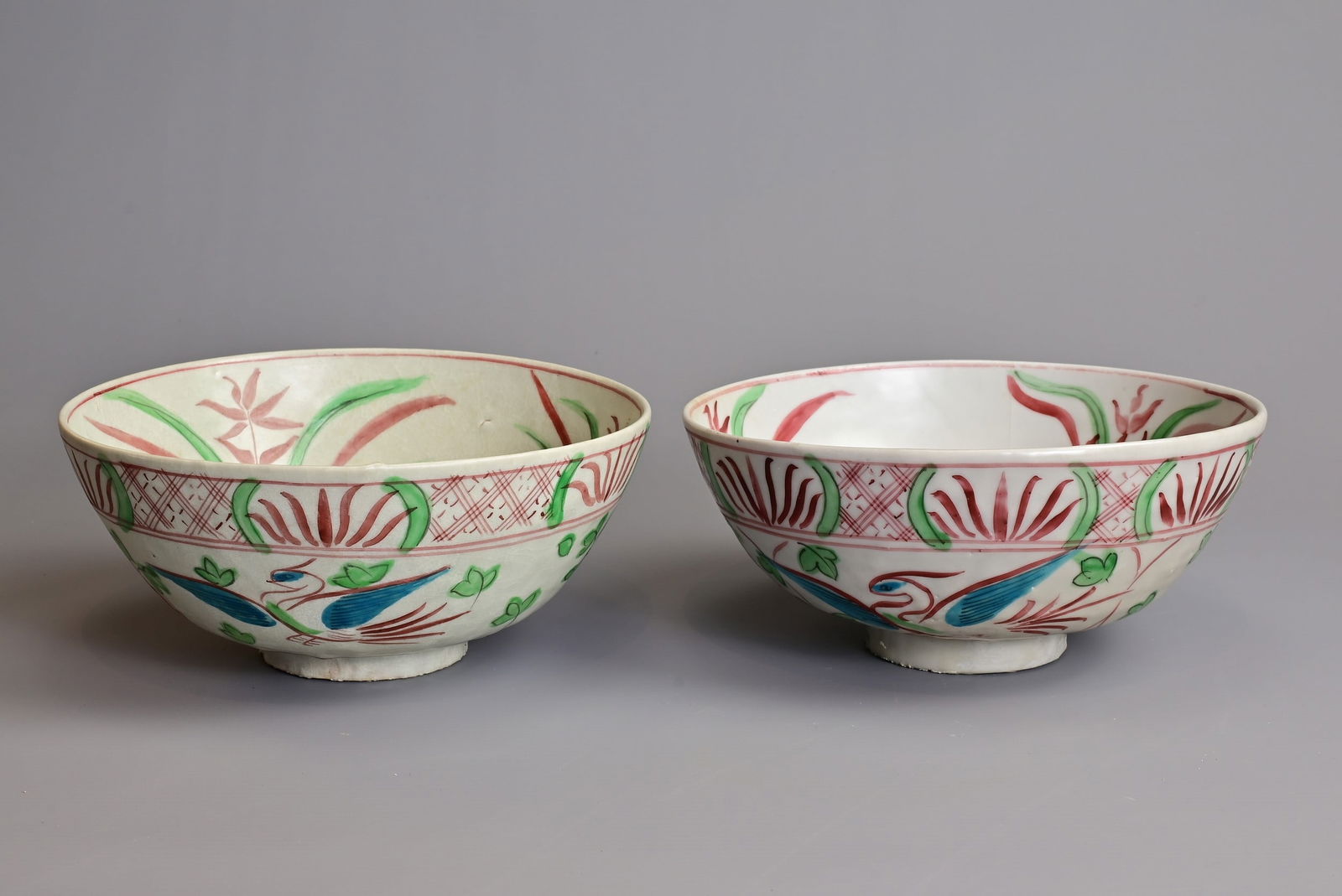 A PAIR OF CHINESE BLUE AND WHITE ENAMEL DECORATED PORCELAIN BOWLS, MING DYNASTY. Each with a dog (1 of 5)