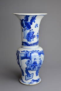 A LARGE CHINESE BLUE AND WHITE PORCELAIN YEN YEN VASE, QING DYNASTY, KANGXI PERIOD (1662-1722). Of: A LARGE CHINESE BLUE AND WHITE PORCELAIN YEN YEN VASE, QING DYNASTY, KANGXI PERIOD (1662-1722). Of baluster form with trumpet neck vividly decorated in rich underglaze cobalt blue with scene possibly