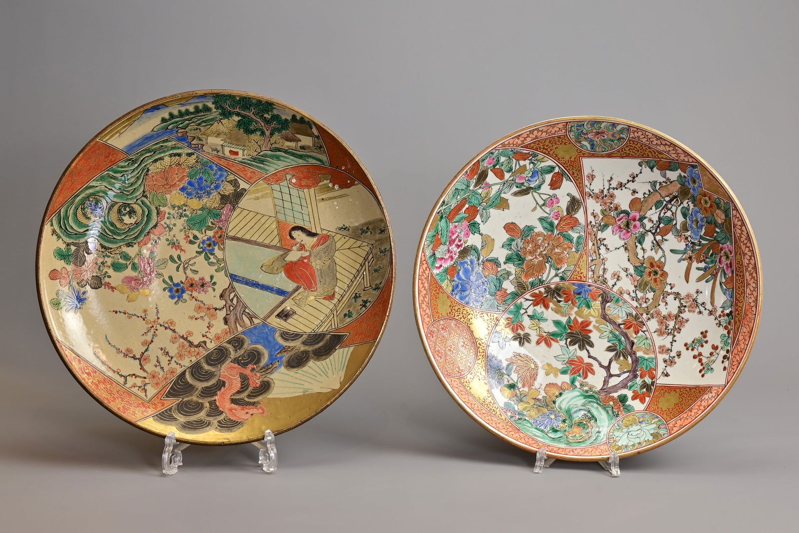 TWO JAPANESE KUTANI WARE DISHES, MEIJI PERIOD. Decorated with figure and floral scenes. Each with (1 of 7)