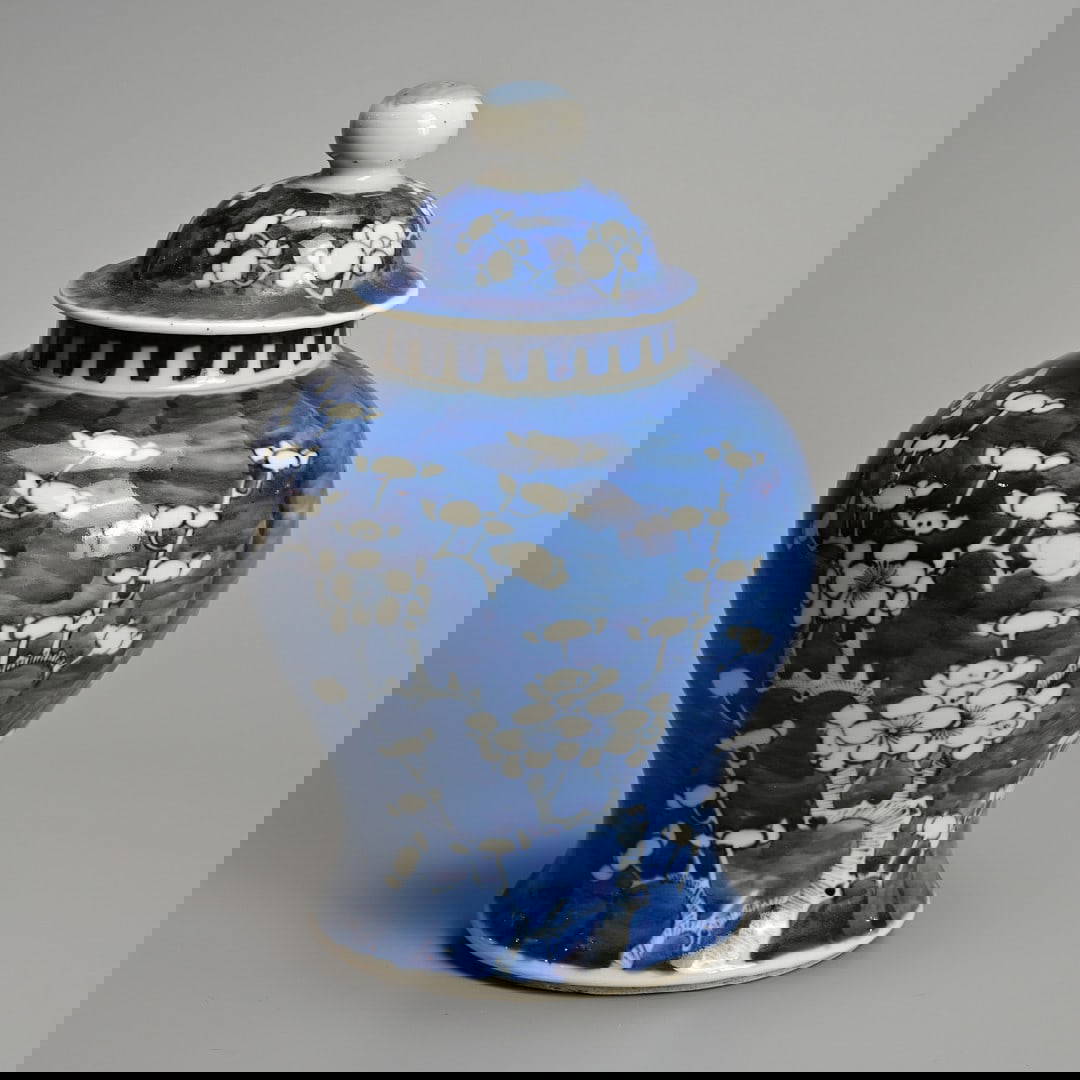 A CHINESE BLUE AND WHITE PORCELAIN PRUNUS VASE AND COVER, 19/20TH CENTURY.