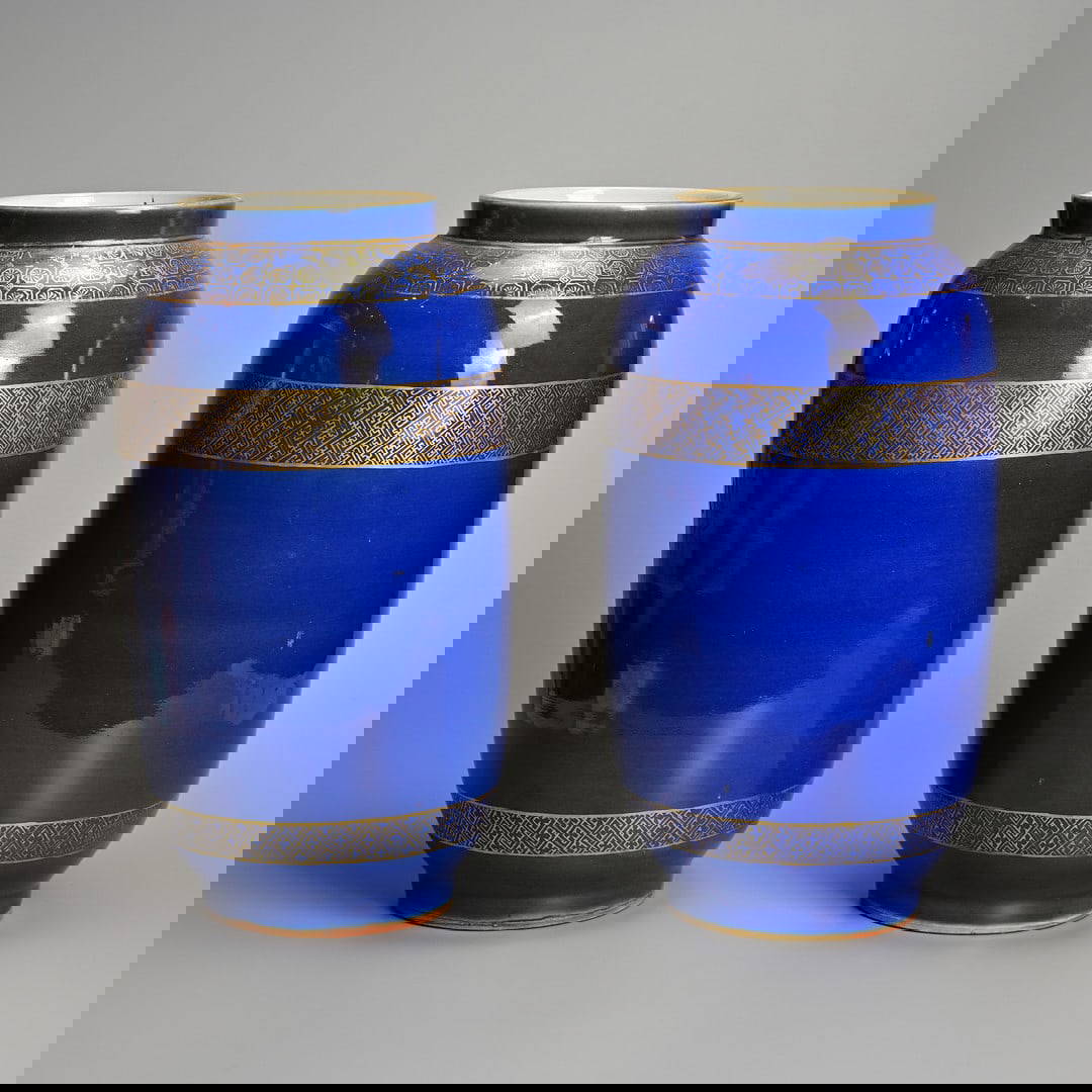 A LARGE PAIR OF CHINESE GILT DECORATED BLUE GLAZED PORCELAIN LANTERN VASES, QIANLONG MARKS, 18/19TH