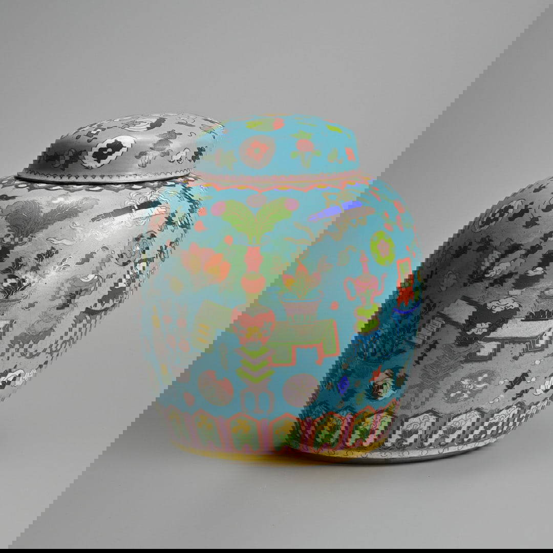 A CHINESE CLOISONNE TURQUOISE-GROUND OVIFORM JAR AND COVER, 20TH CENTURY.