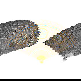 A CHINESE SILVER FILIGREE PARCEL GILT AND ENAMELLED BRISÉ FAN, 19TH CENTURY, QING DYNASTY.: Made up of twenty-three sticks with one separate guard. Decorated front and back with green and blue enamel floral sprays enclosing three gilt octagonal panels featuring buildings in gardens. Metal un