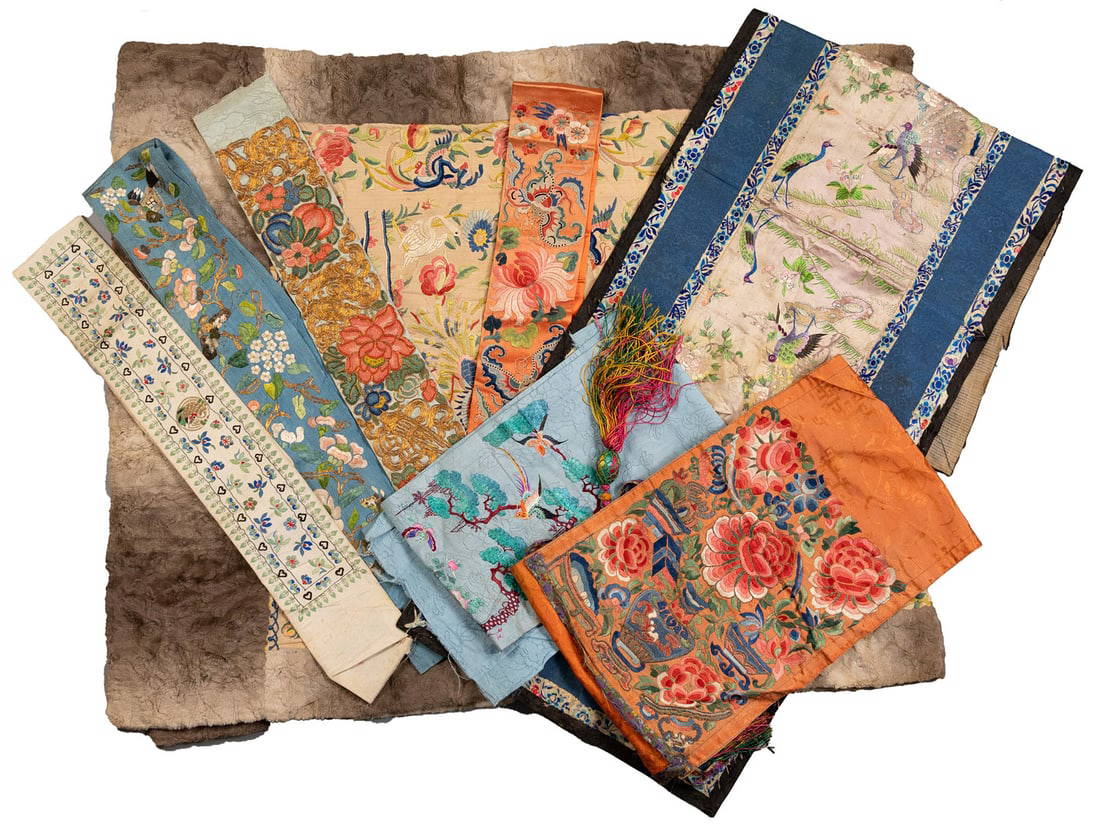 A GROUP OF CHINESE EMBROIDERED SILK SASHES AND PANELS, QING DYNASTY/EARLY 20TH CENTURY.
