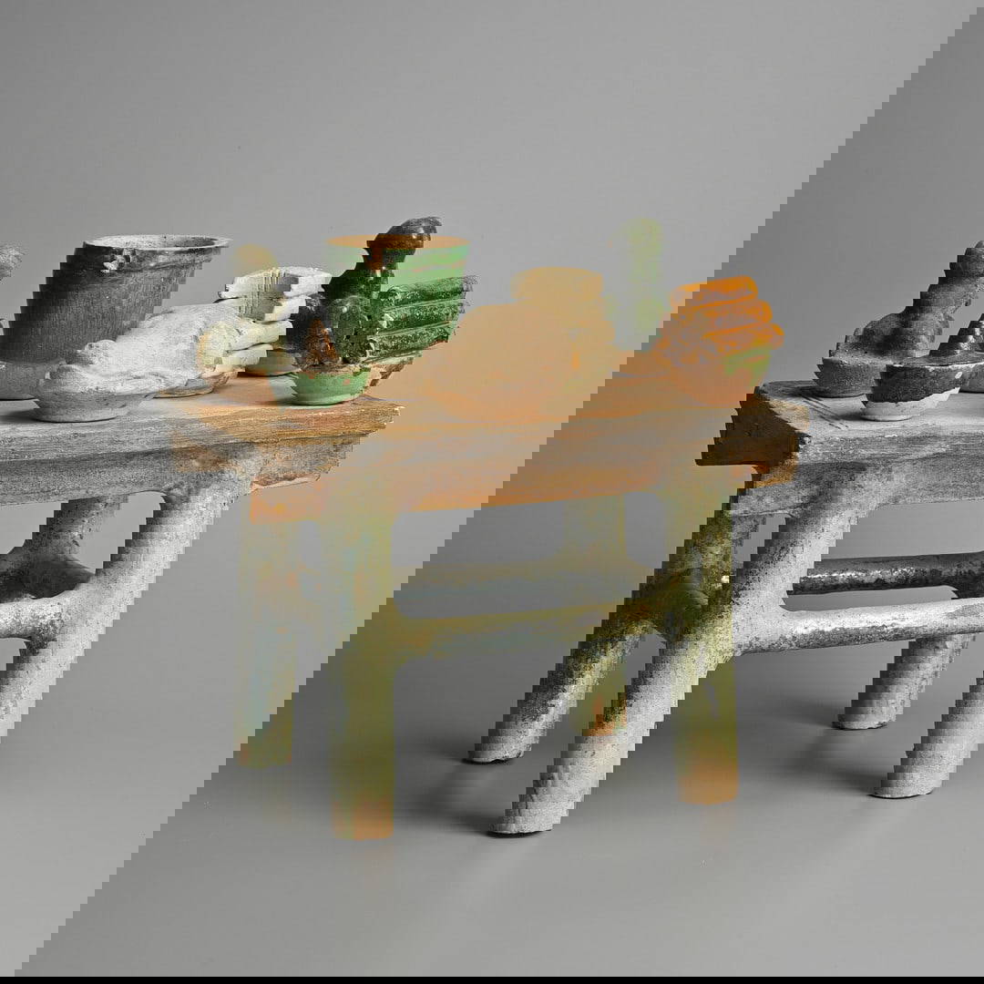 A CHINESE GLAZED AND PAINTED POTTERY MODEL OF AN ALTAR WITH MINGQI OFFERINGS, MID TO LATE MING