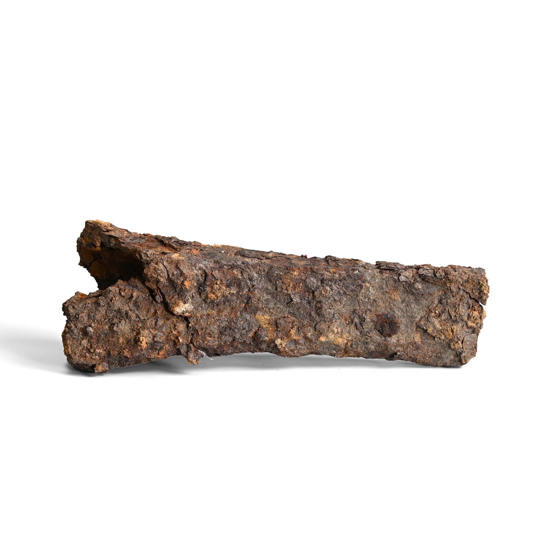 A RARE CHINESE IRON AXE HEAD, WESTERN HAN DYNASTY (206 BC – AD 8).: Length 15cm.For reference: Almost identical examples are shown in the book “The Coloured Figurines in Yang Ling Mausoleum of Han China”.