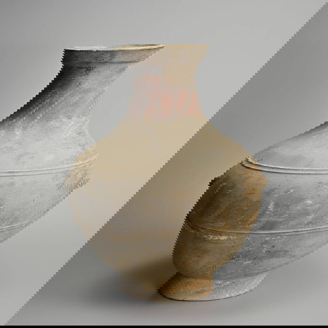 A LARGE CHINESE PAINTED GREY POTTERY HU JAR, HAN DYNASTY (206BC - 220AD).