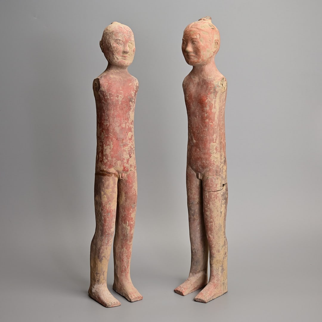 TWO CHINESE PAINTED POTTERY STICK FIGURES, HAN DYNASTY (206 BC - 220 AD). (1 of 13)