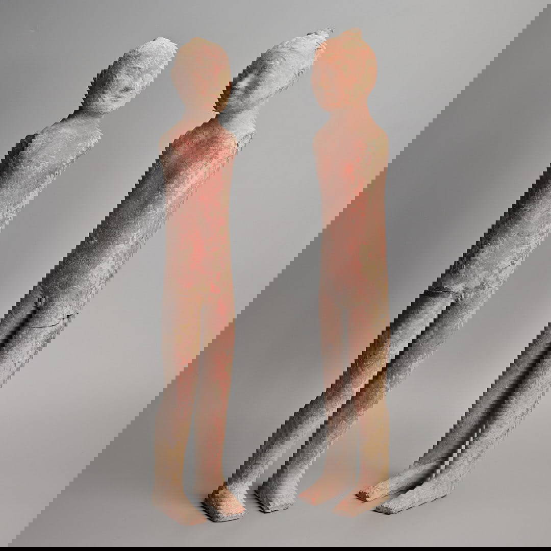 TWO CHINESE PAINTED POTTERY STICK FIGURES, HAN DYNASTY (206 BC - 220 AD).