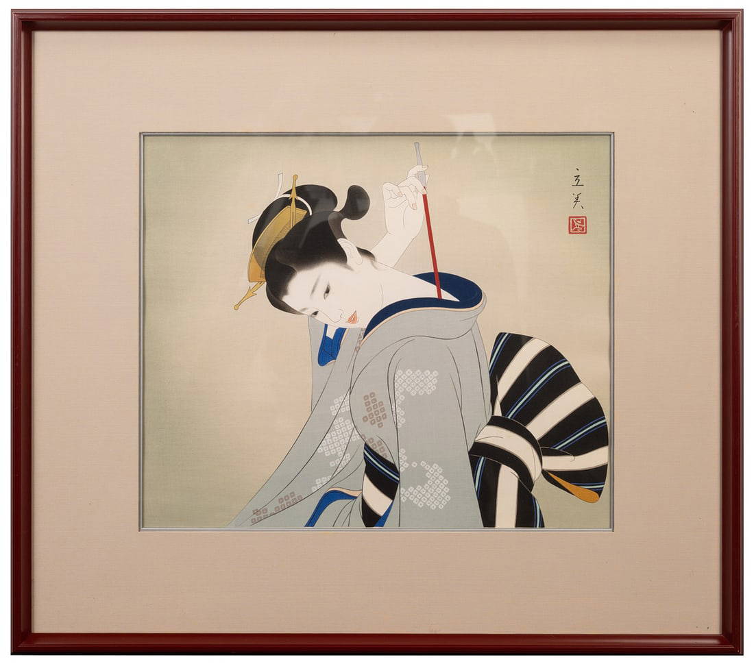 A FRAMED JAPANESE WOODBLOCK PRINT TITLED 'KISERU' (PIPE) AFTER TATSUMI SHIMURA (1907-80).