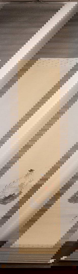 EBISU CATCHES A RED TAI, WATERCOLOUR MOUNTED ON SCROLL, JAPAN, MEIJI PERIOD (1868-1912).