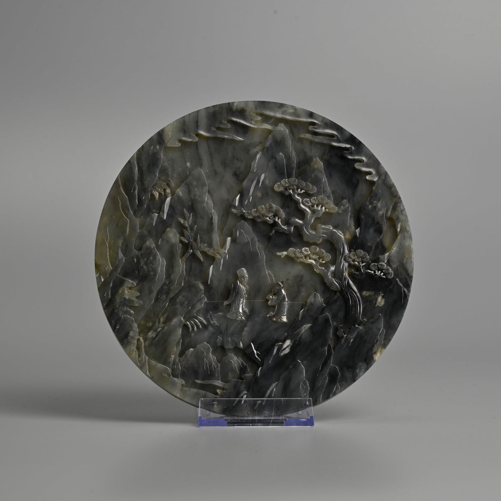 A CHINESE BLACK AND GREY JADE CIRCULAR TABLE SCREEN PLAQUE. (1 of 5)