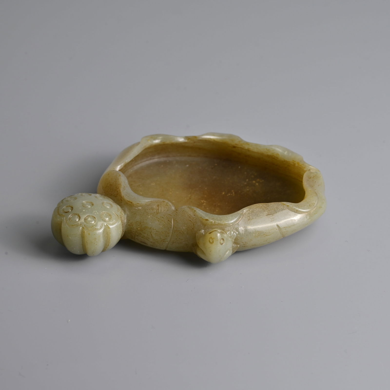 A CHINESE CARVED CELADON JADE 'FROG AND LOTUS' BRUSH WASHER. (1 of 4)