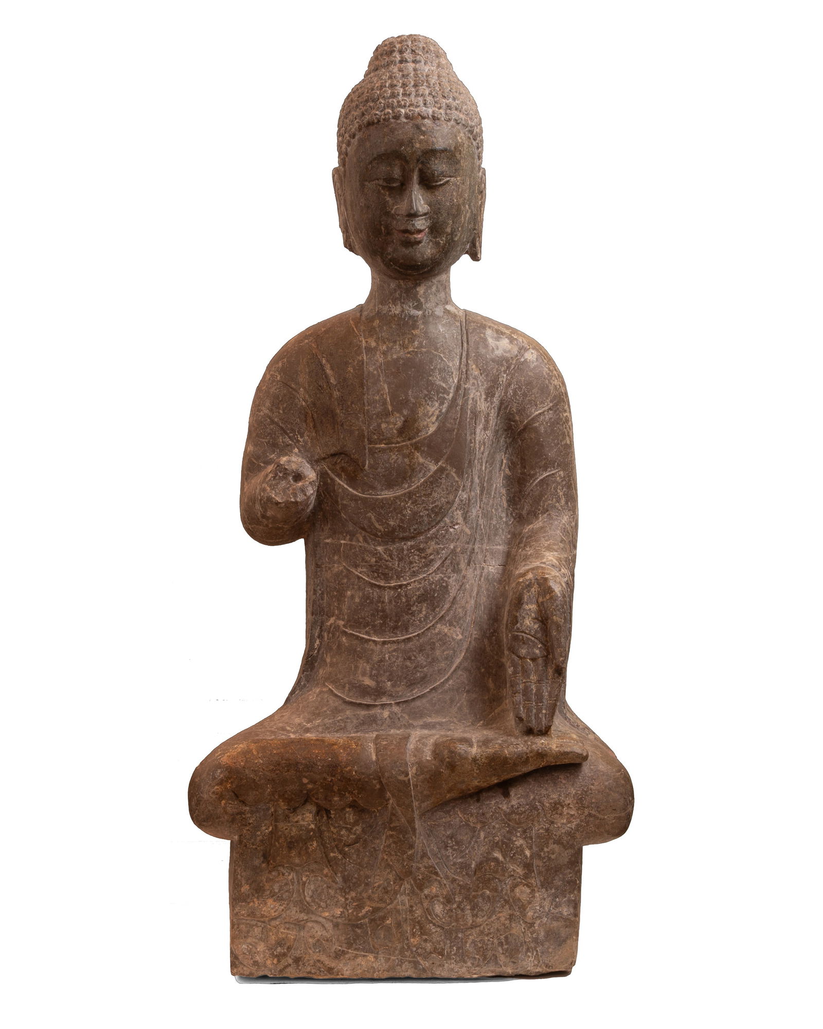 A LARGE CHINESE CARVED GREY LIMESTONE FIGURE OF BUDDHA, NORTHERN WEI DYNASTY, CIRCA 6TH CENTURY.: A LARGE CHINESE CARVED GREY LIMESTONE FIGURE OF BUDDHA, NORTHERN WEI DYNASTY, CIRCA 6TH CENTURY. Heavy stone figure seated on a carved base dressed in robes with his left hand lowered in left in varad