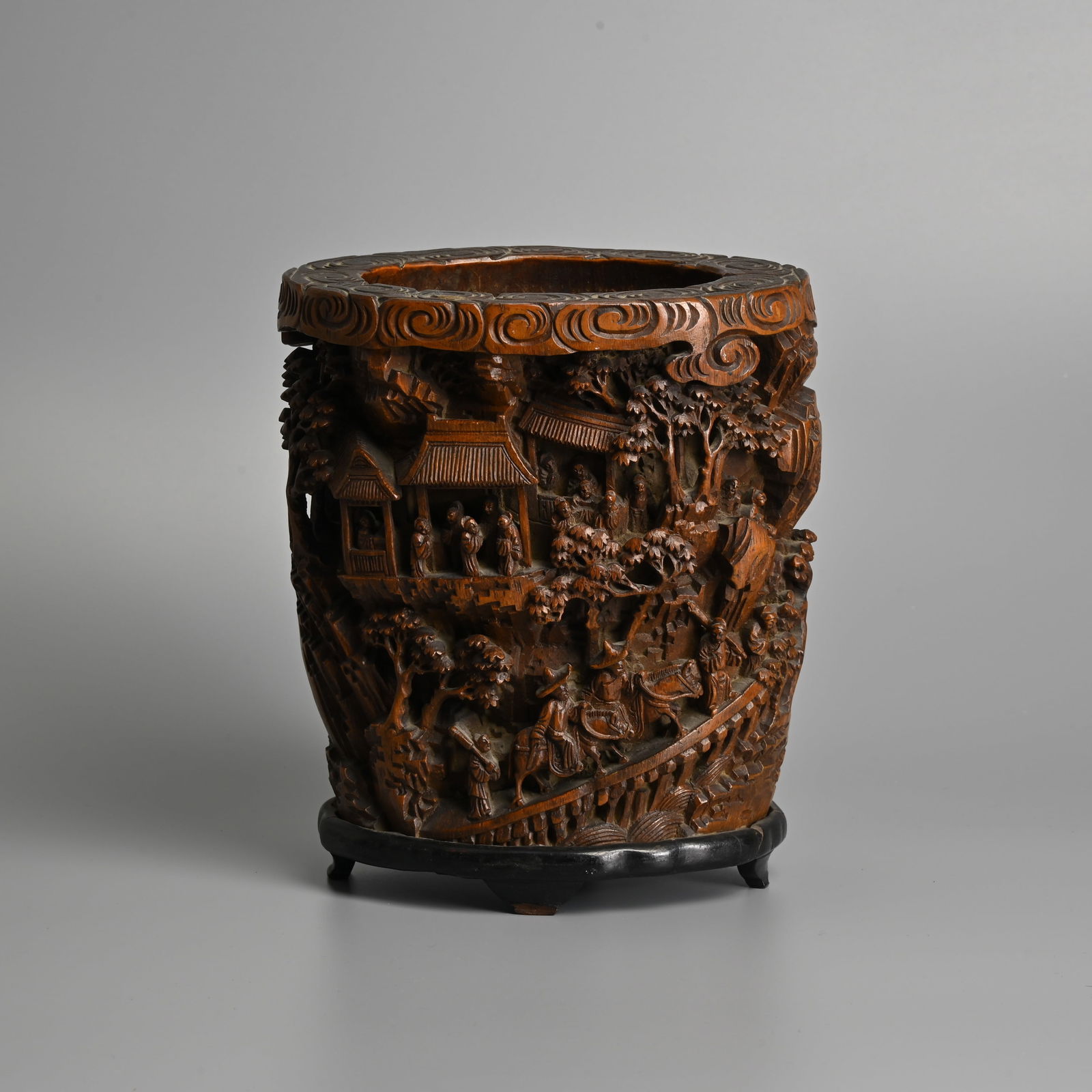 A CHINESE CARVED BAMBOO BRUSH POT, BITONG, ON HARDWOOD STAND, 19TH CENTURY. (1 of 9)