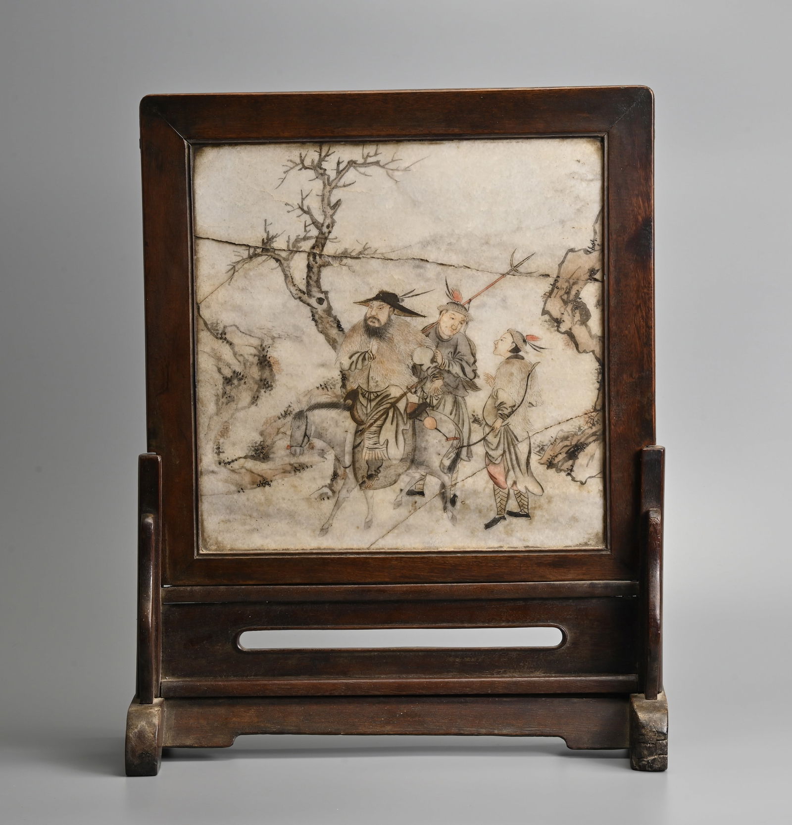 A CHINESE PAINTED MARBLE SET HARDWOOD TABLE SCREEN, LATE QING DYNASTY. (1 of 10)