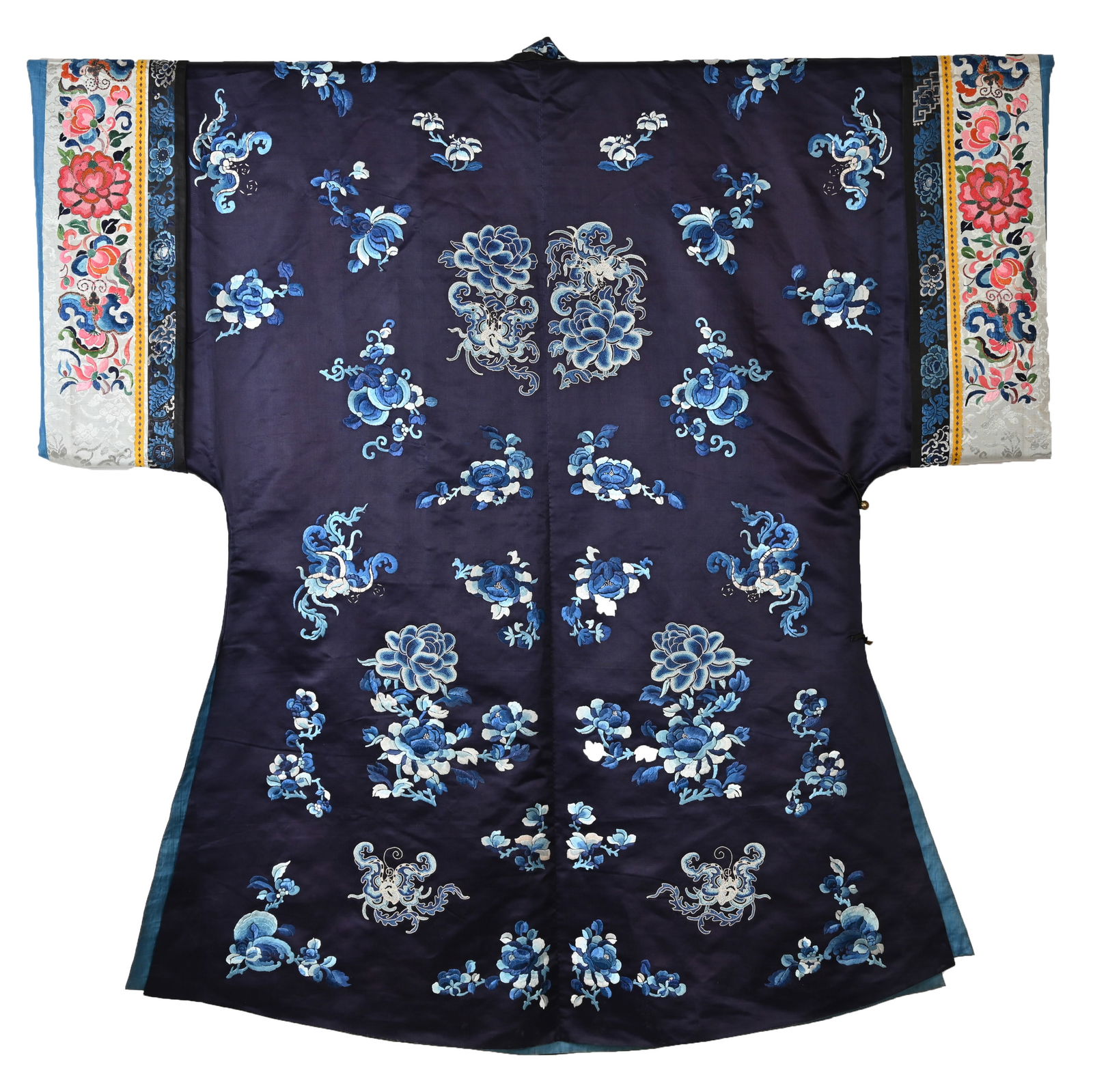 A CHINESE EMBROIDERED DARK BLUE SILK ROBE AND A CHILD'S BLACK SILK WAISTCOAT, 19/20TH CENTURY, LATE (1 of 20)