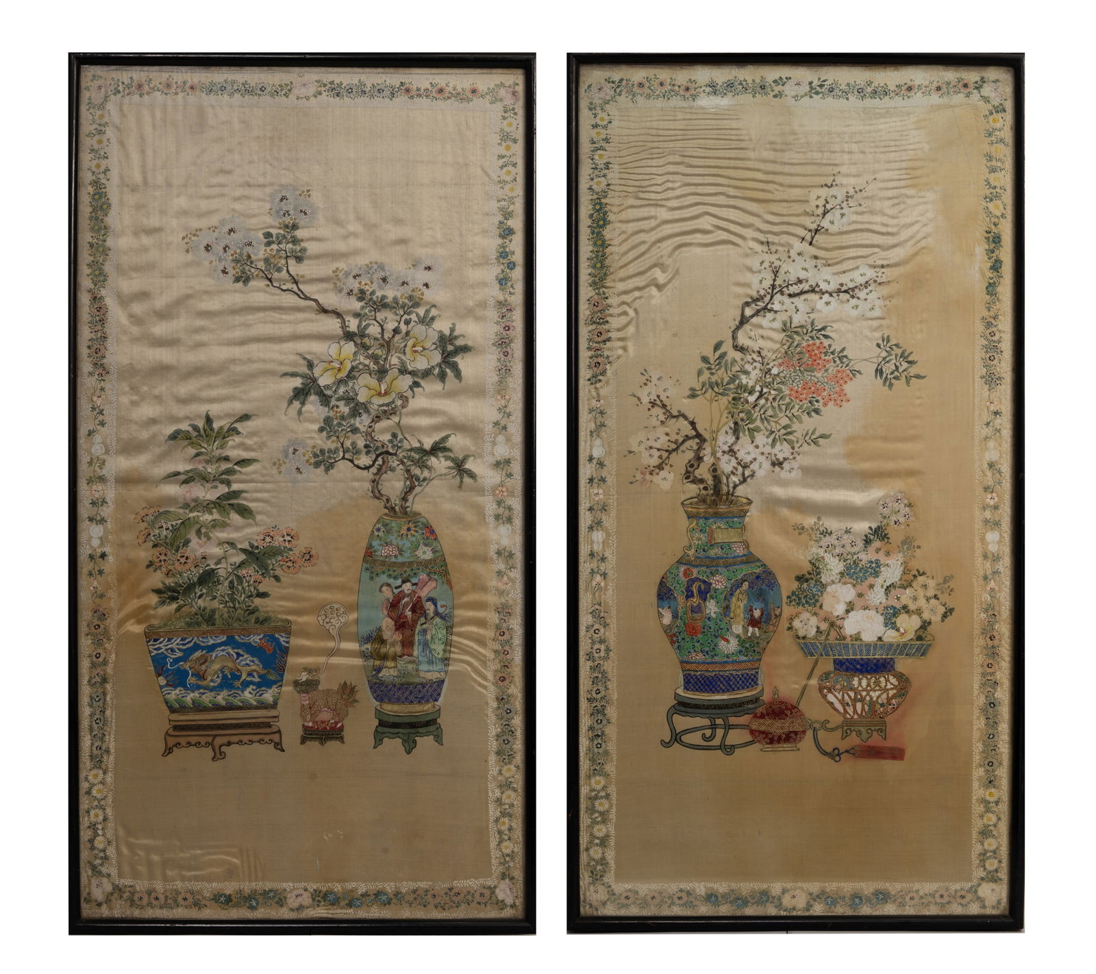 A PAIR OF CHINESE 'FLOWER VASE' PAINTINGS ON SILK, LATE QING DYNASTY. (1 of 9)