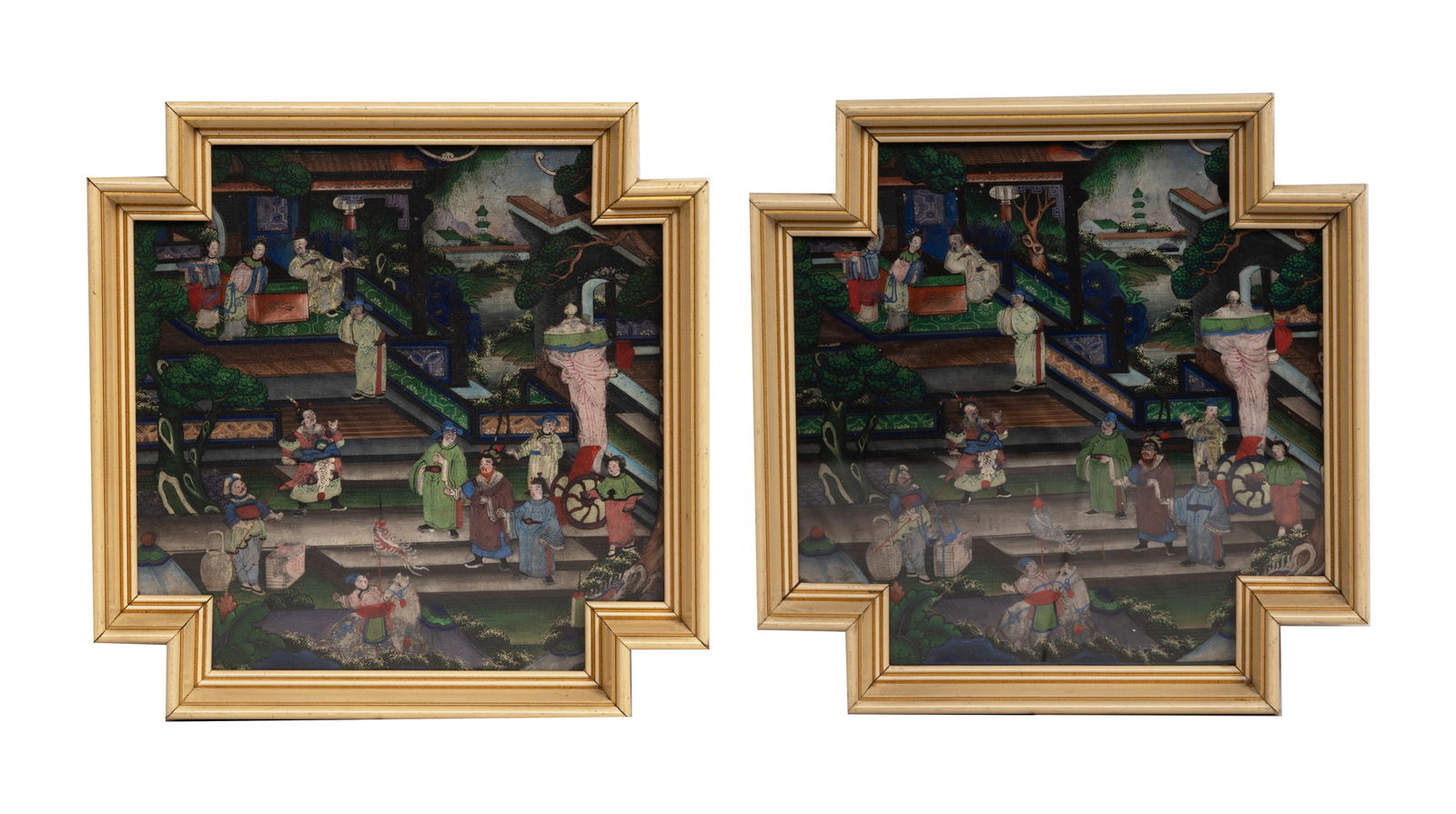 CHINESE CANTON SCHOOL, PAIR OF FRAMED PAINTINGS, LATE QING DYNASTY.: CHINESE CANTON SCHOOL, PAIR OF FRAMED PAINTINGS, LATE QING DYNASTY. An almost identical pair with subtle differences depicting a courtyard scene with buildings and various figures in daily pursuits. G