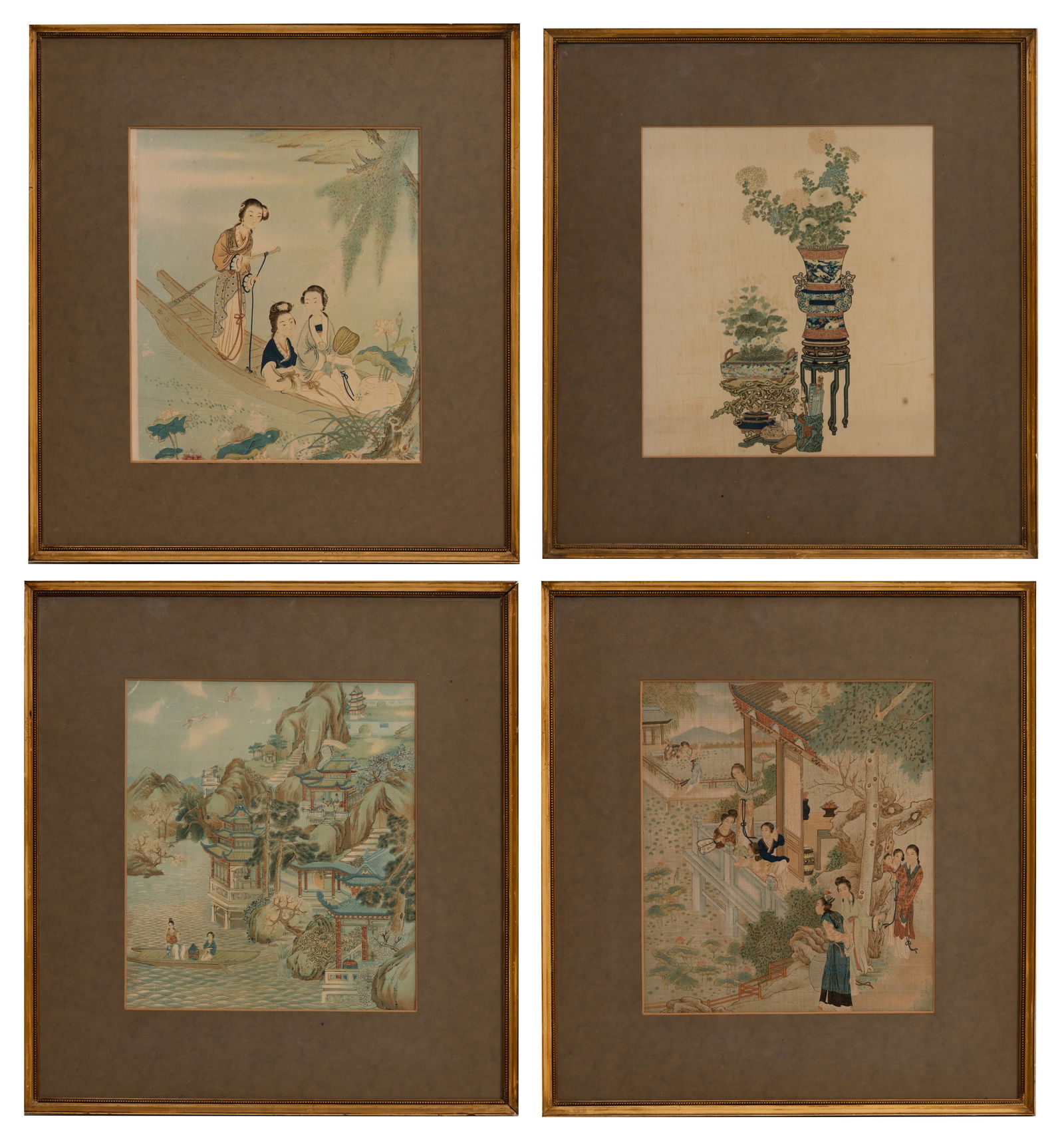 CHINESE SCHOOL, PAINTINGS ON SILK, 19/20TH CENTURY.: CHINESE SCHOOL, PAINTINGS ON SILK, 19/20TH CENTURY. Potted flowers with scholar items; Scene of ladies at leisure overlooking a lake with lotus leaves; Lady and attendant in a boat on a lake before bu