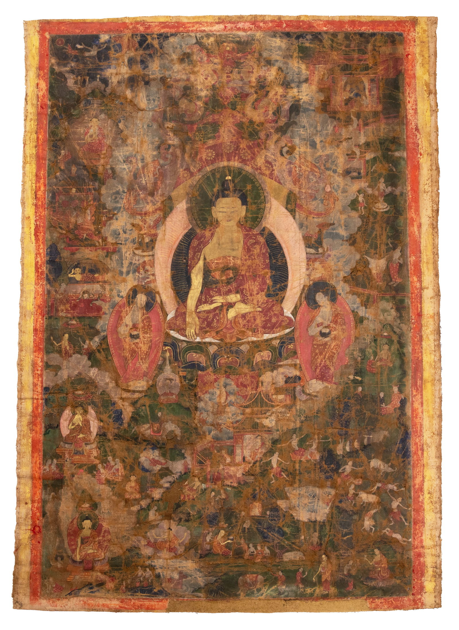 A TIBETAN THANGKA FEATURING BUDDHA SHAKYAMUNI, 18/19TH CENTURY. (1 of 13)