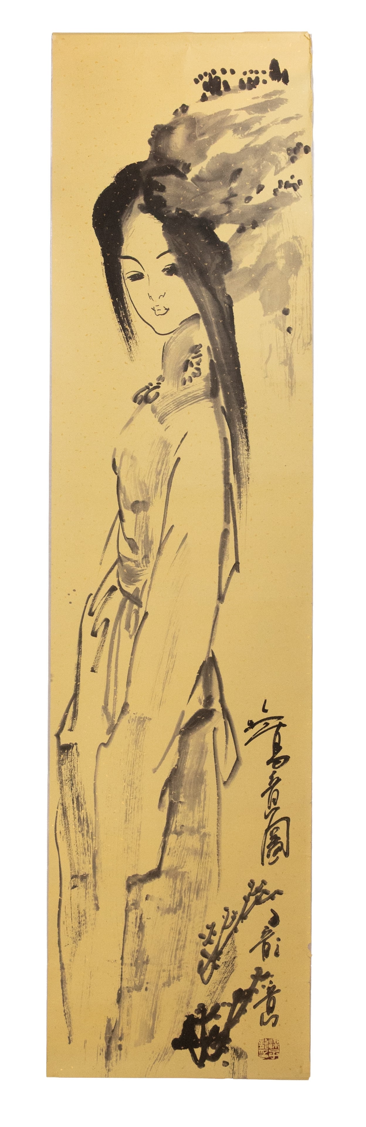 ZILONG LIANG (CHINA, B. 1959), INK AND COLOUR ON PAPER WITH GOLD FLECKS, 'XIEYI TU', 20TH CENTURY.: ZILONG LIANG (CHINA, B. 1959), INK AND COLOUR ON PAPER WITH GOLD FLECKS, 'XIEYI TU', 20TH CENTURY. A young Tibetan girl in traditional costume, on paper, sealed 'Liang Zhilong Yin' lower right. 139 x