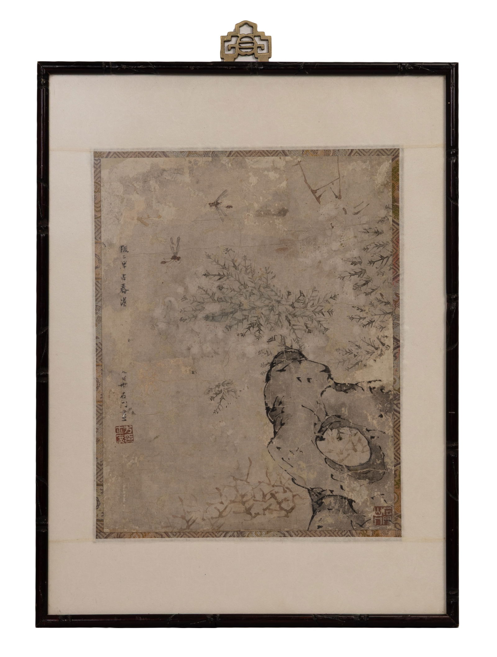 CHINESE SCHOOL FRAMED INK AND COLOUR ON PAPER, QING DYNASTY.: CHINESE SCHOOL FRAMED INK AND COLOUR ON PAPER, QING DYNASTY. Depicting rockwork and branches with dragonflies. Inscription in column to the left with red seals. Later framed and glazed. Artwork 28cm x