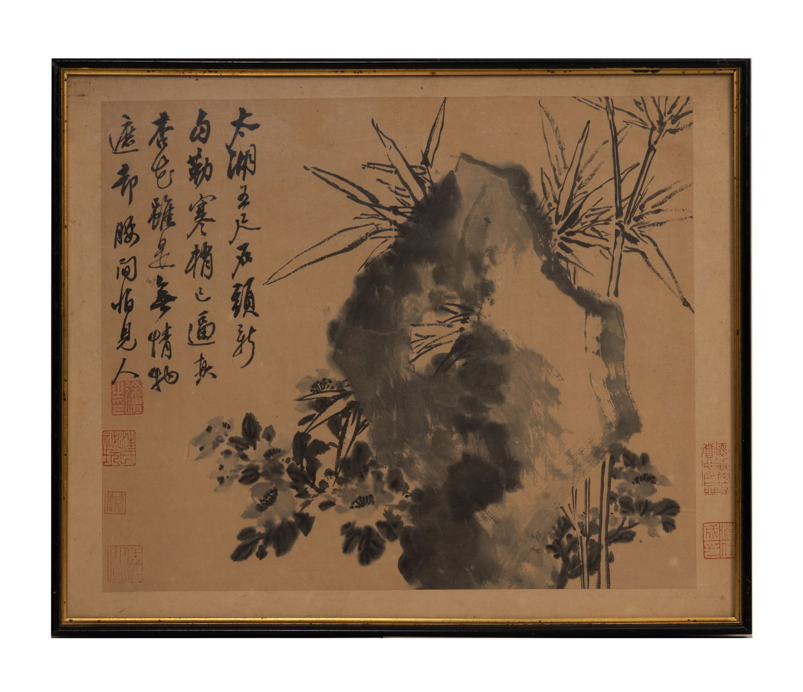 CHINESE SCHOOL 'TAIHU STONE', FRAMED INK ON PAPER, LATE 19TH CENTURY.: CHINESE SCHOOL 'TAIHU STONE', FRAMED INK ON PAPER, LATE 19TH CENTURY. Depicting a Taihu scholar's rock with flowers and bamboo. Calligraphy to the left above four red seals. Two further red seals in t