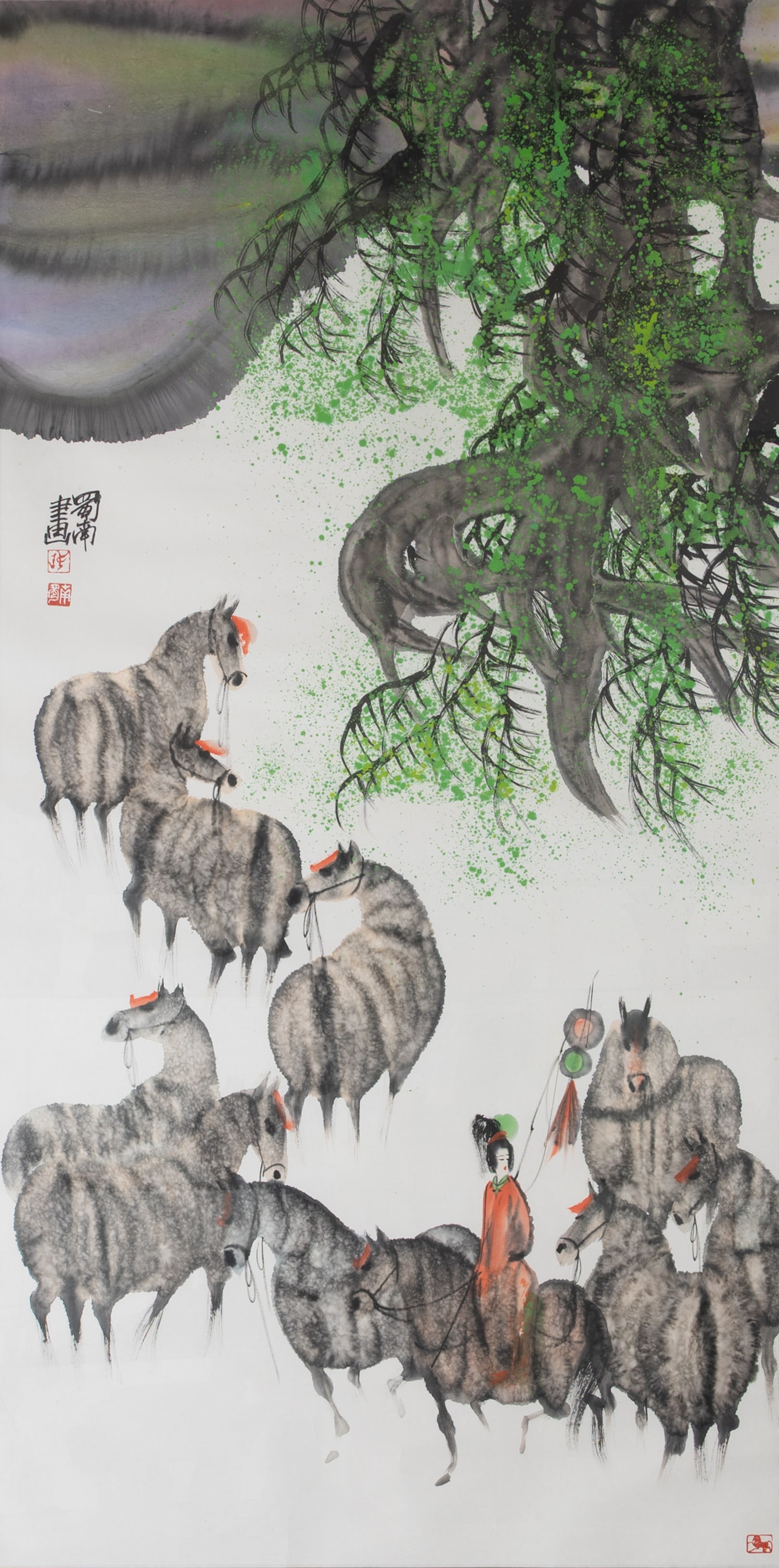 ZHANG SHUNAN (B.1952), SICHUAN, CHINA - WATERCOLOUR ON PAPER - LADY ON HORSEBACK WITH HORSES IN LAND: ZHANG SHUNAN (B.1952), SICHUAN, CHINA - WATERCOLOUR ON PAPER - LADY ON HORSEBACK WITH HORSES IN LANDSCAPE SCENE. Very large. Signed upper left, with red seals. Artwork: 62cm x 137cm. Framed and glazed