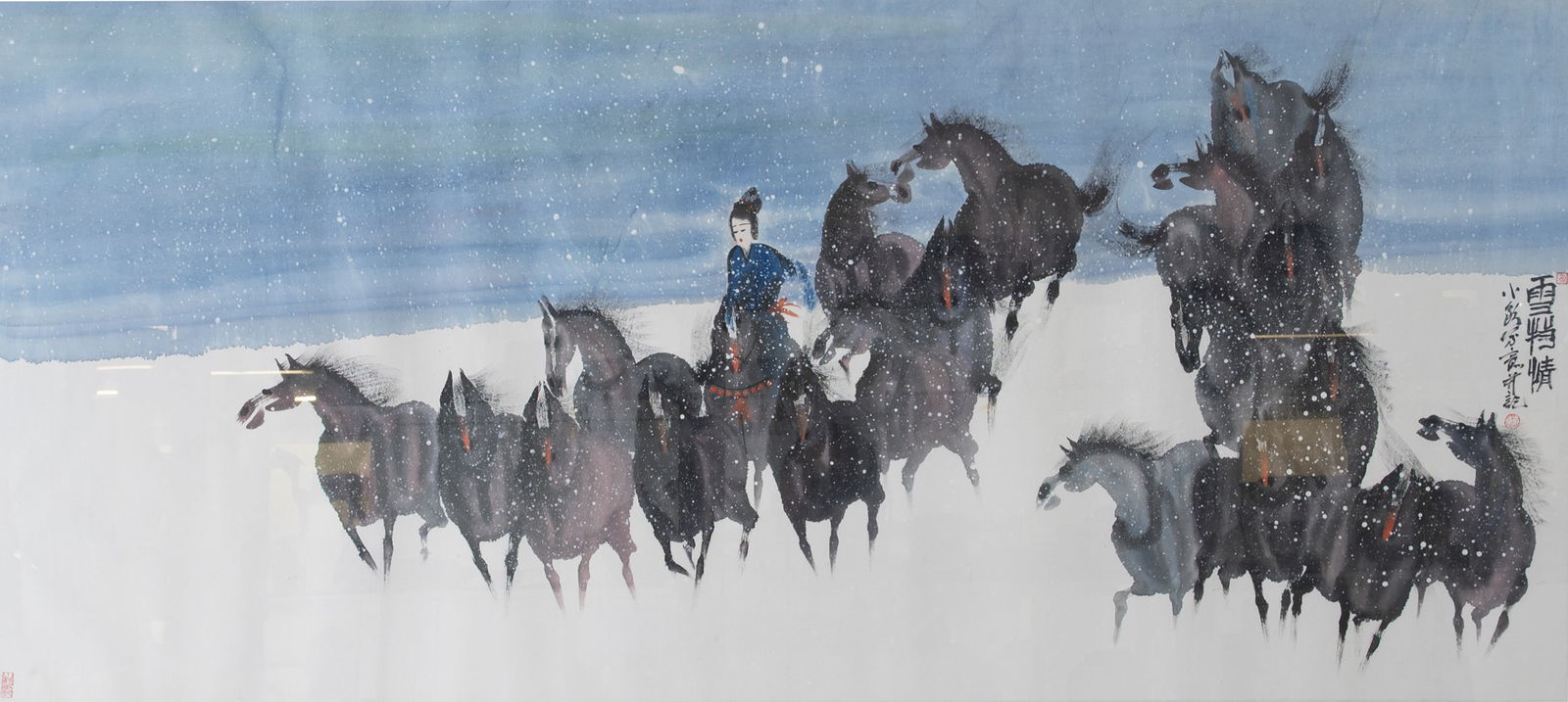 ZHANG SHUNAN (B.1952), SICHUAN, CHINA - WATERCOLOUR ON PAPER - WINTER SCENE, LADY ON HORSEBACK WITH (1 of 6)