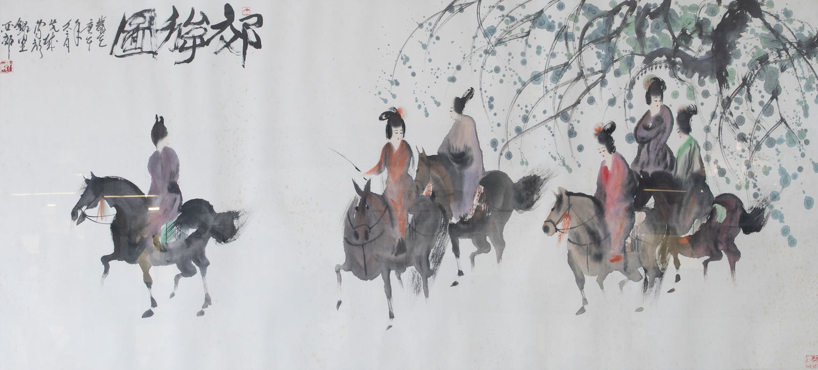 ZHANG SHUNAN (B.1952), SICHUAN, CHINA - WATERCOLOUR ON PAPER - SIX LADIES ON HORSEBACK WITH INSCRIPT (1 of 6)