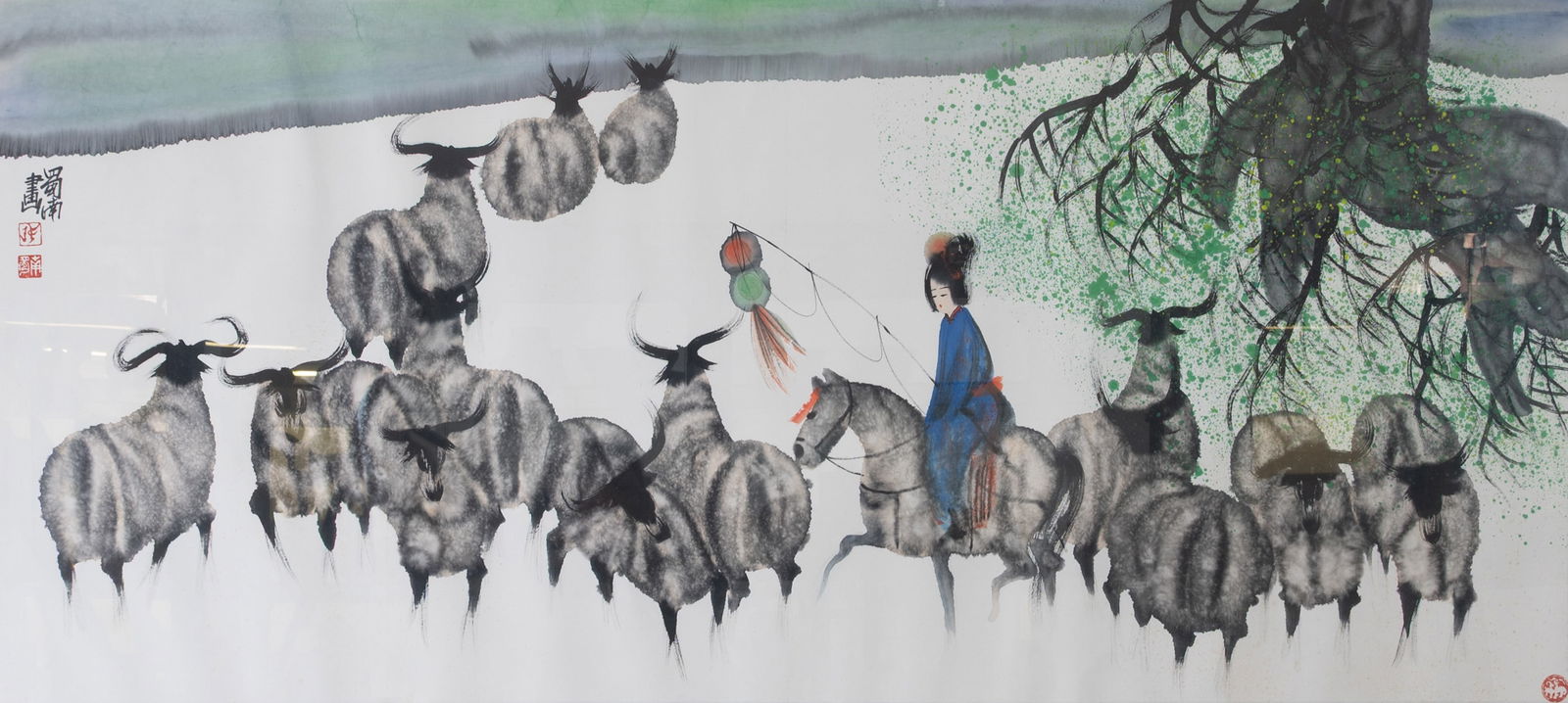 ZHANG SHUNAN (B.1952), SICHUAN, CHINA - WATERCOLOUR ON PAPER - LADY HERDING ON HORSEBACK.: ZHANG SHUNAN (B.1952), SICHUAN, CHINA - WATERCOLOUR ON PAPER - LADY HERDING ON HORSEBACK. Very large. Signed upper left, with red seals. Artwork: 137cm x 62. Framed and glazed 158cm x 88cm. Condition: