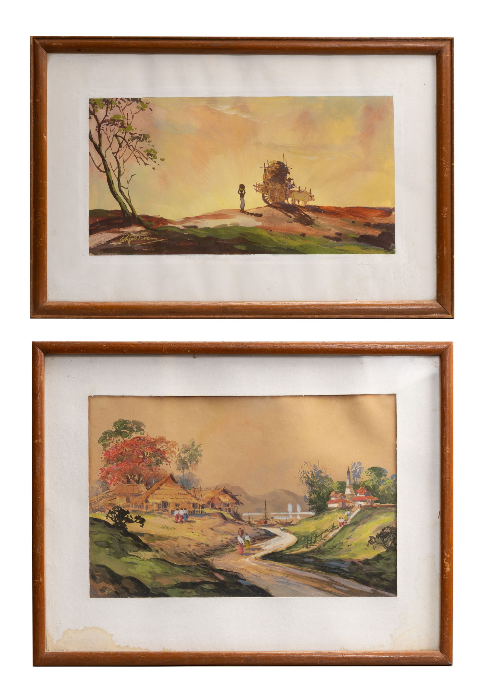 20TH CENTURY BURMESE SCHOOL TWO GOUACHE/WATERCOLOURS. (1 of 8)