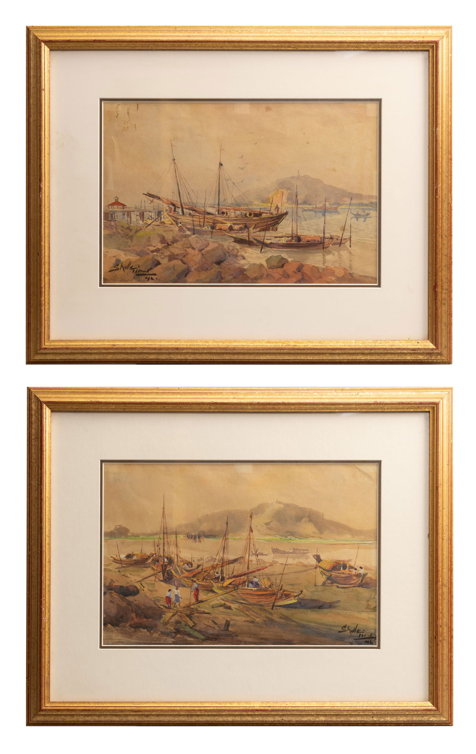 SHWE TIN (20TH CENTURY, BURMESE) TWO GOUACHE/WATERCOLOURS. (1 of 9)