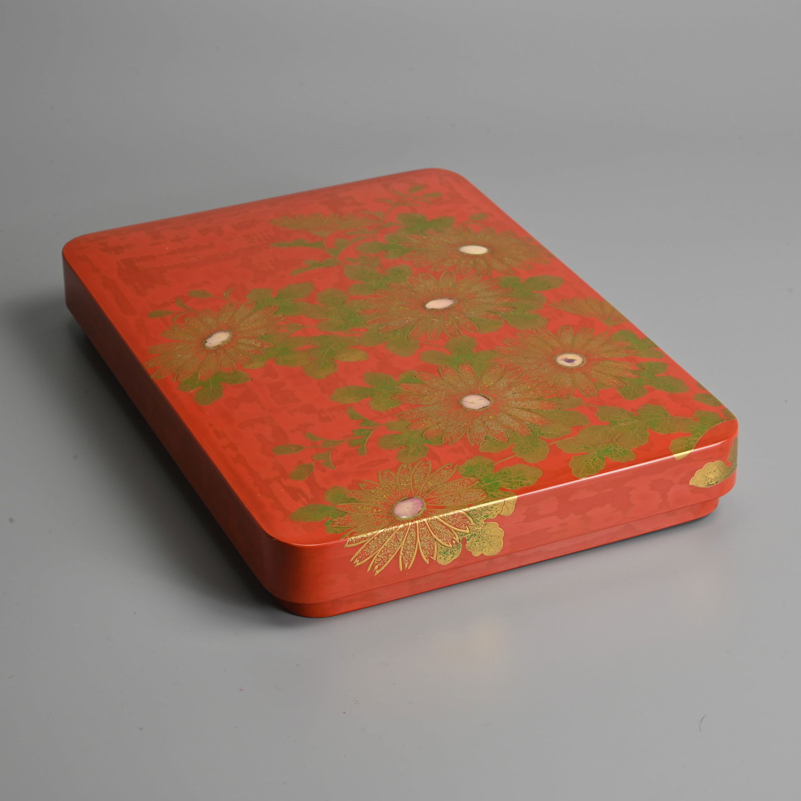 A FINE JAPANESE MOTHER-OF-PEARL INLAID RED AND GILT LACQUER WRITING BOX AND COVER (SUZURIBAKO) BY MA (1 of 6)