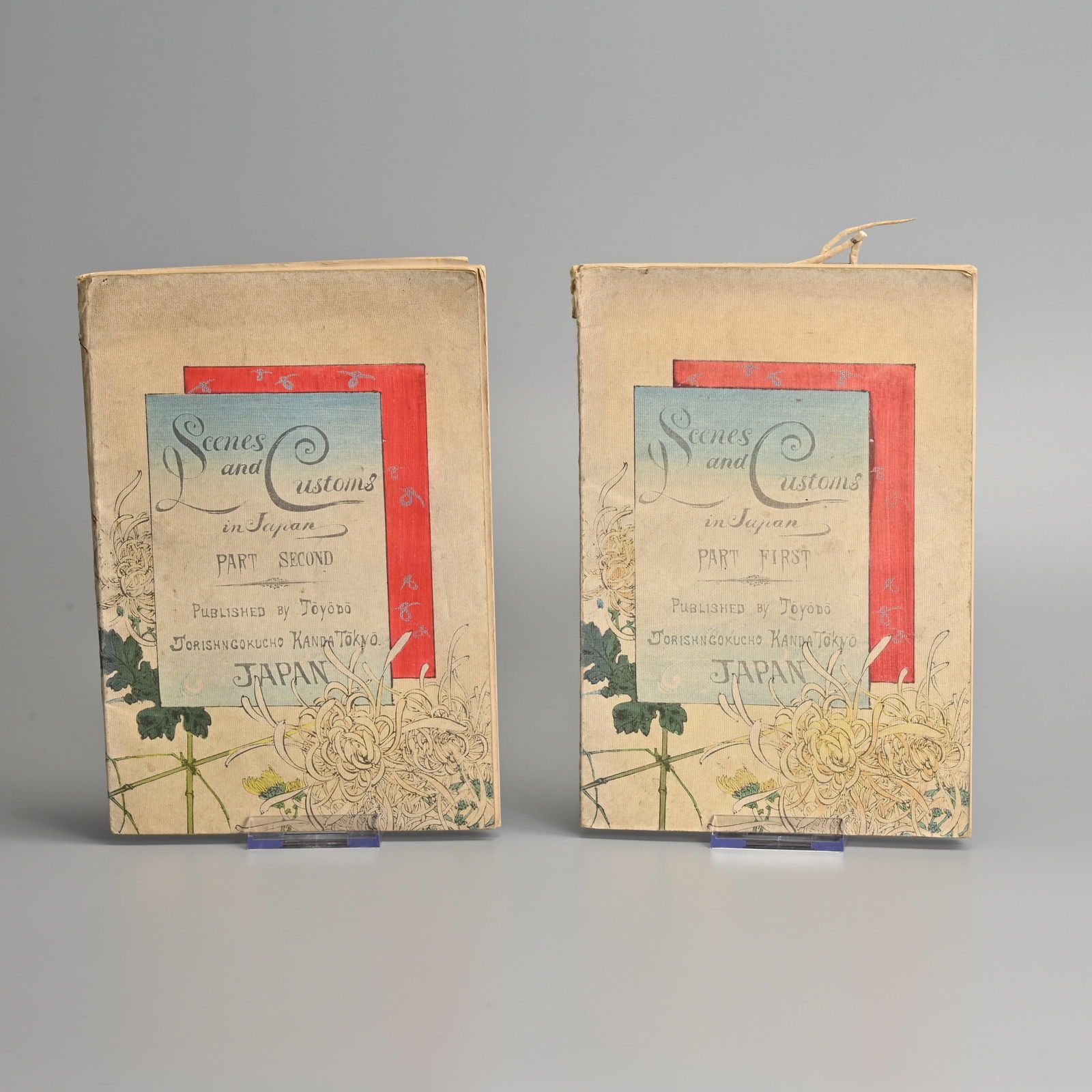 TOYODO PUBLISHING COMPANY, SCENES AND CUSTOMS IN JAPAN, PART FIRST AND SECOND. TOKYO (JORISHNGOKUCHO: TOYODO PUBLISHING COMPANY, SCENES AND CUSTOMS IN JAPAN, PART FIRST AND SECOND. TOKYO (JORISHNGOKUCHO, KANDA), DATE 1902. Each volume with twelve double-paged colour woodblock prints. Each numbered, ti