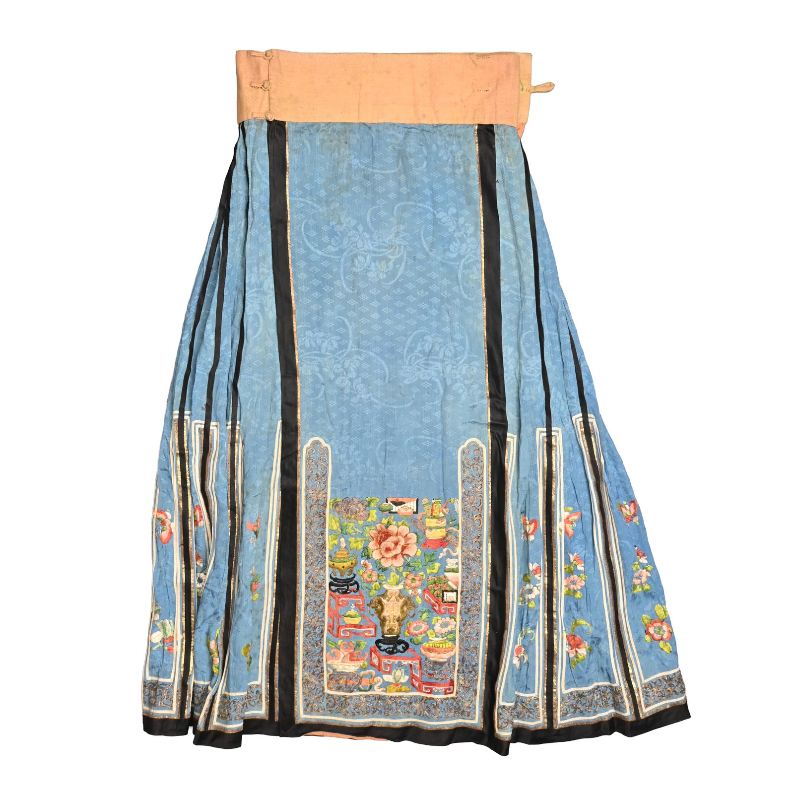 A CHINESE BLUE GROUND SILK EMBROIDERED SKIRT, QING DYNASTY, CIRCA 1900. (1 of 11)