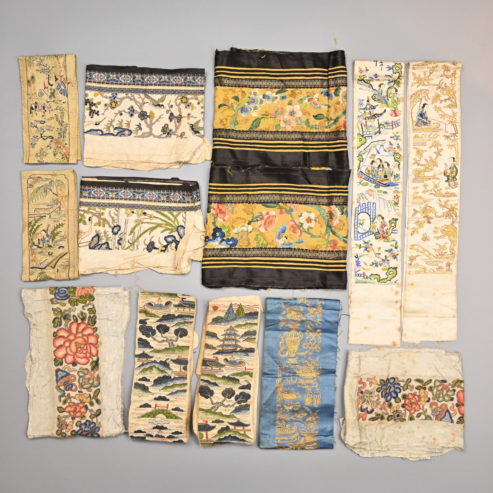 FIVE PAIRS AND THREE SINGLE EMBROIDERED CHINESE SILK BANDS, CIRCA 1900. (13). (1 of 10)