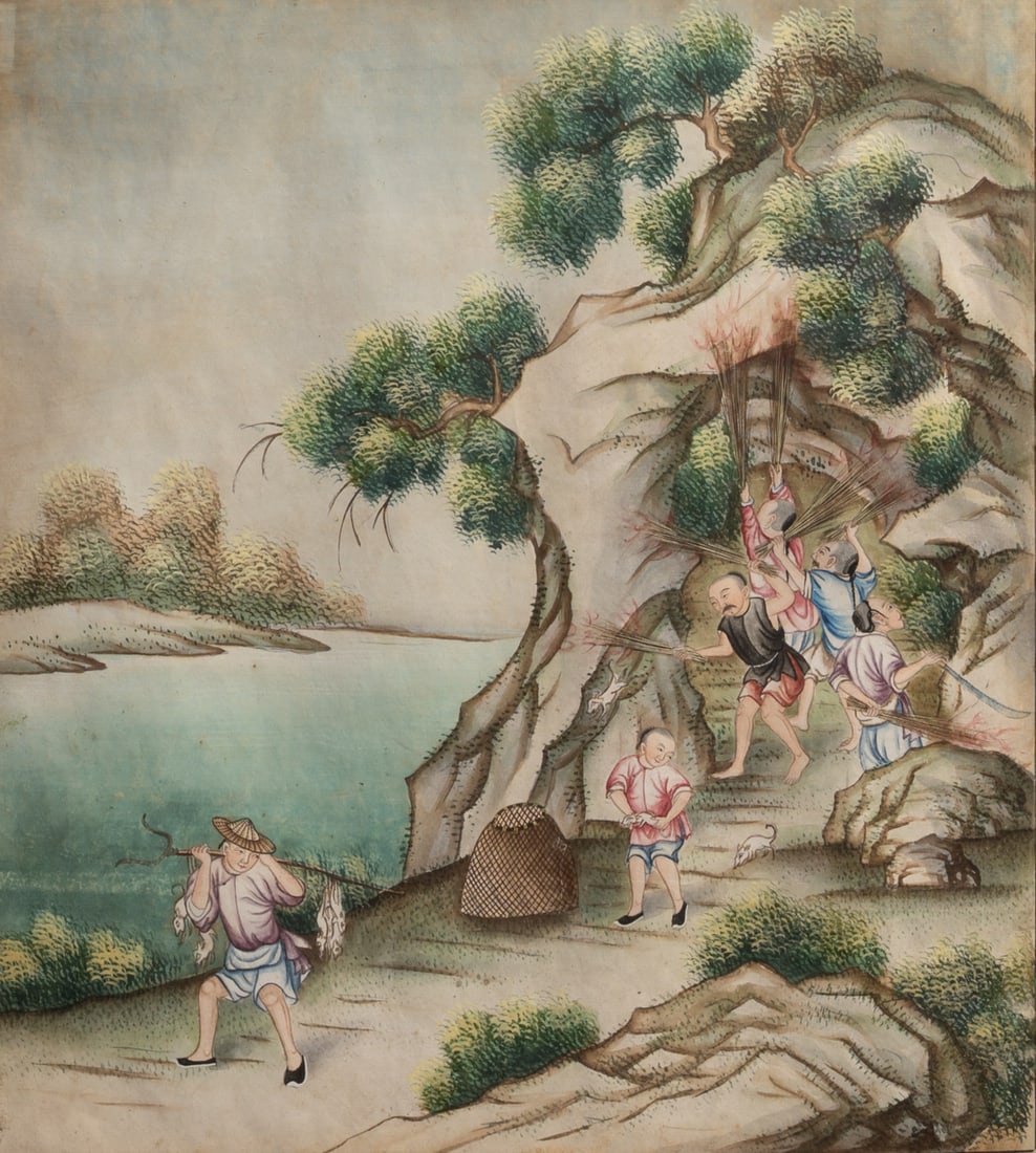 CHINESE SCHOOL 18/19TH CENTURY, FRAMED WATERCOLOUR ON PAPER DEPICTING RAT CATCHERS.: The scene features six men in a landscape scene, flushing out rats by hitting the rock with sticks. Framed and glazed. Artwork 29.5cm x 26cm. Frame 53cm x 49cm.