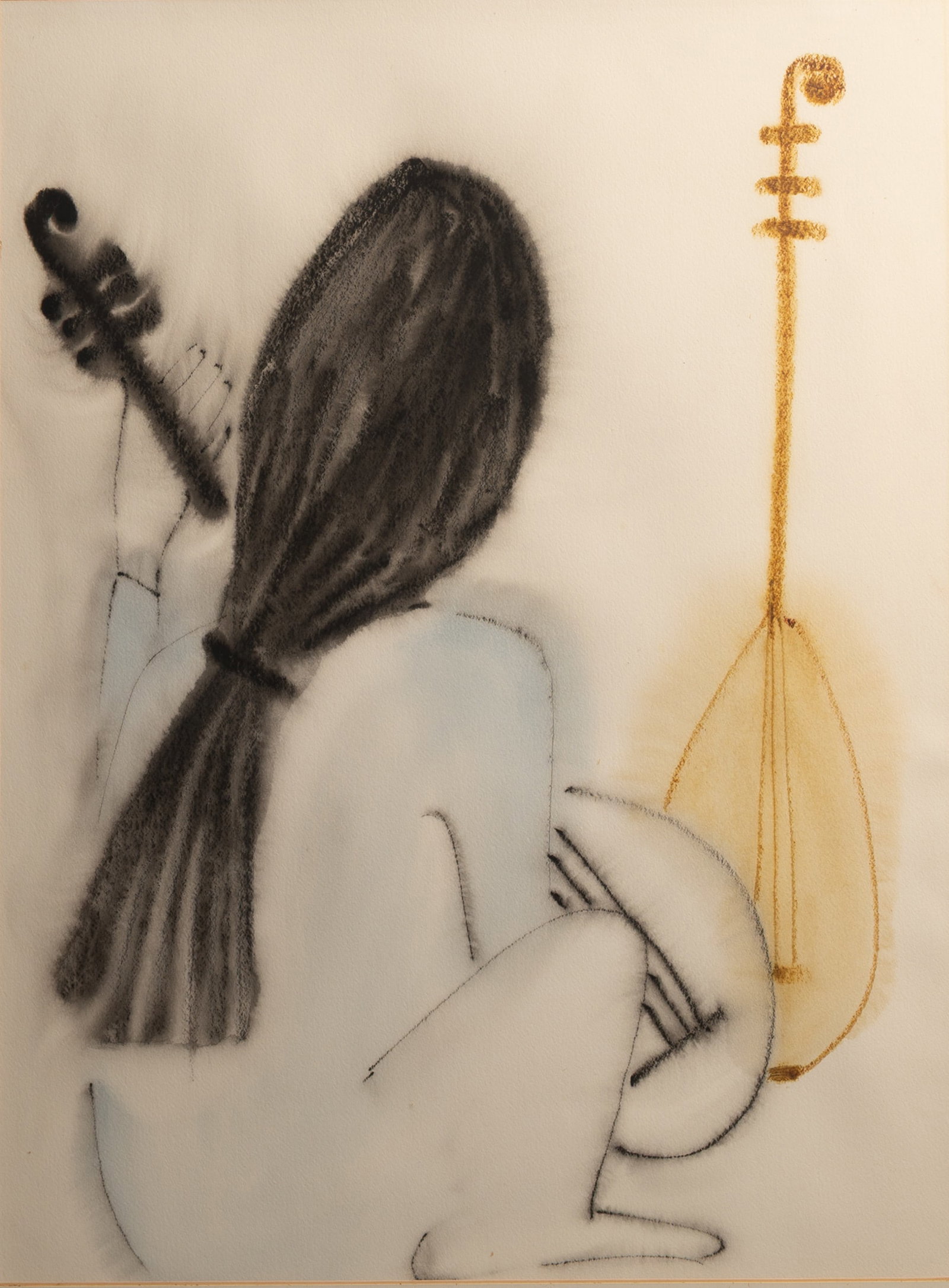 HA VAN VUONG (FRENCH - VIETNAMESE 1914-1990), WATERCOLOUR AND INK ON PAPER, TITLED: 'MUSIC'.: Singed lower left, Ha Van Vuong. Artwork approx. 74cm x 54.5cm Wood framed and glazed. Total frame size 95cm x 64.5cm Provenance: Purchased from The Mansard Gallery - Heal's, Tottenham Court Rd., Lond