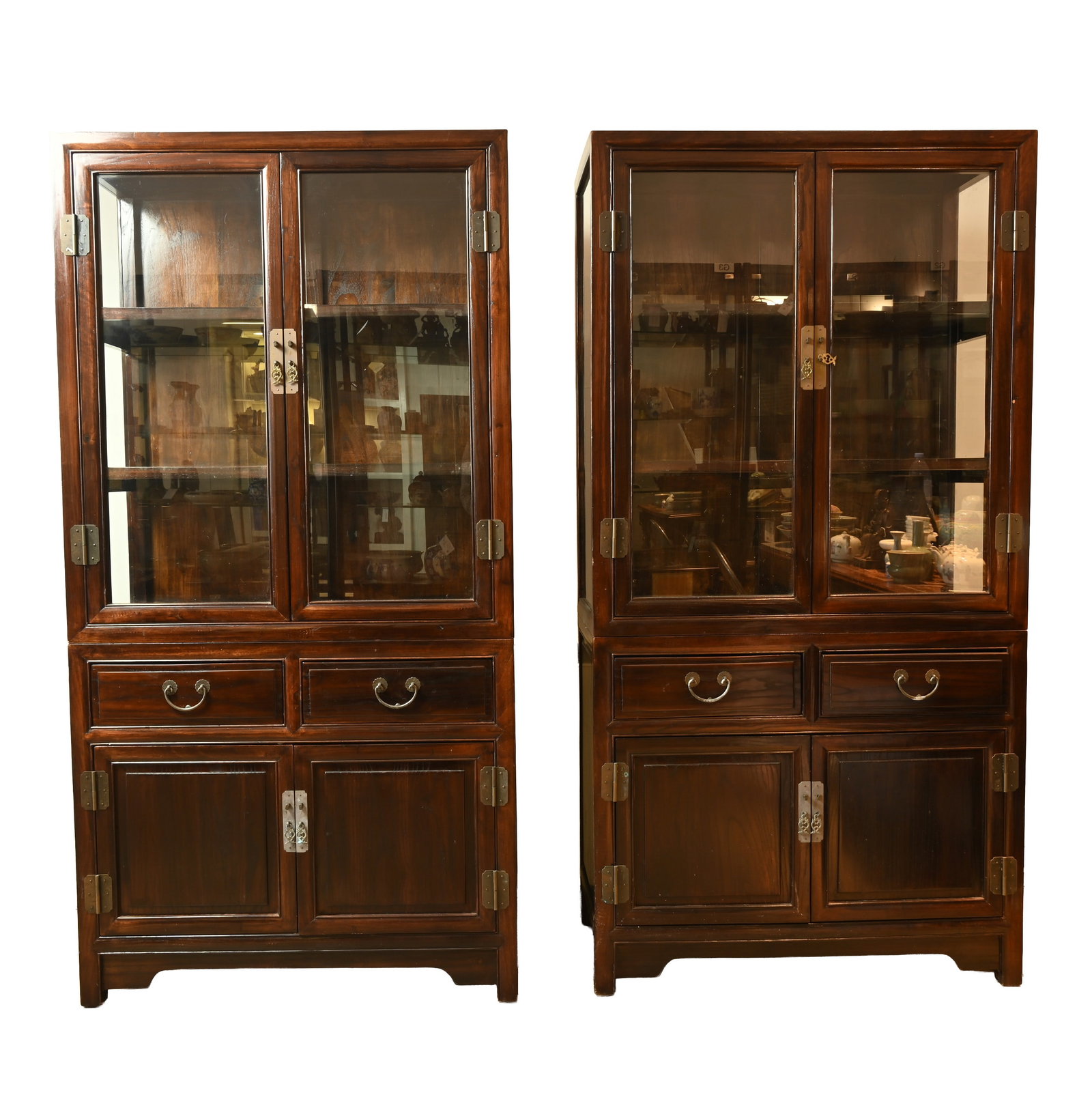 A PAIR OF CHINESE HONGMU GLAZED TWO SECTION DISPLAY CABINETS, 20TH CENTURY. (1 of 6)