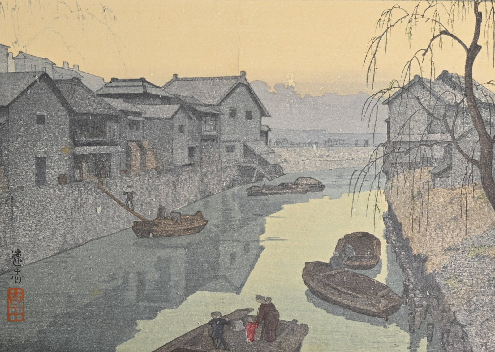TOSHI YOSHIDA (1911-1995), IIDABASHI, DAYTIME IN TOKYO, WOODBLOCK PRINT, SHOWA PERIOD, 20TH CENTURY.: Left margin reading 'Showa 18th year', 'Hiru no T_ky_' (series title), 'Iidabashi' (print title). Singed Toshi bottom left with red seal. Black border 24cm x 17cm.