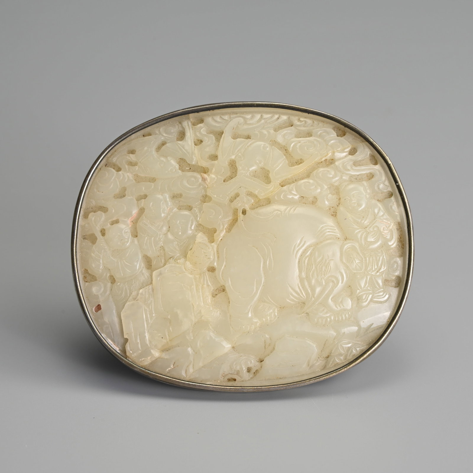 A CHINESE CARVED PALE CELADON JADE 'ELEPHANT AND BOYS' PLAQUE, 18TH CENTURY. (1 of 6)