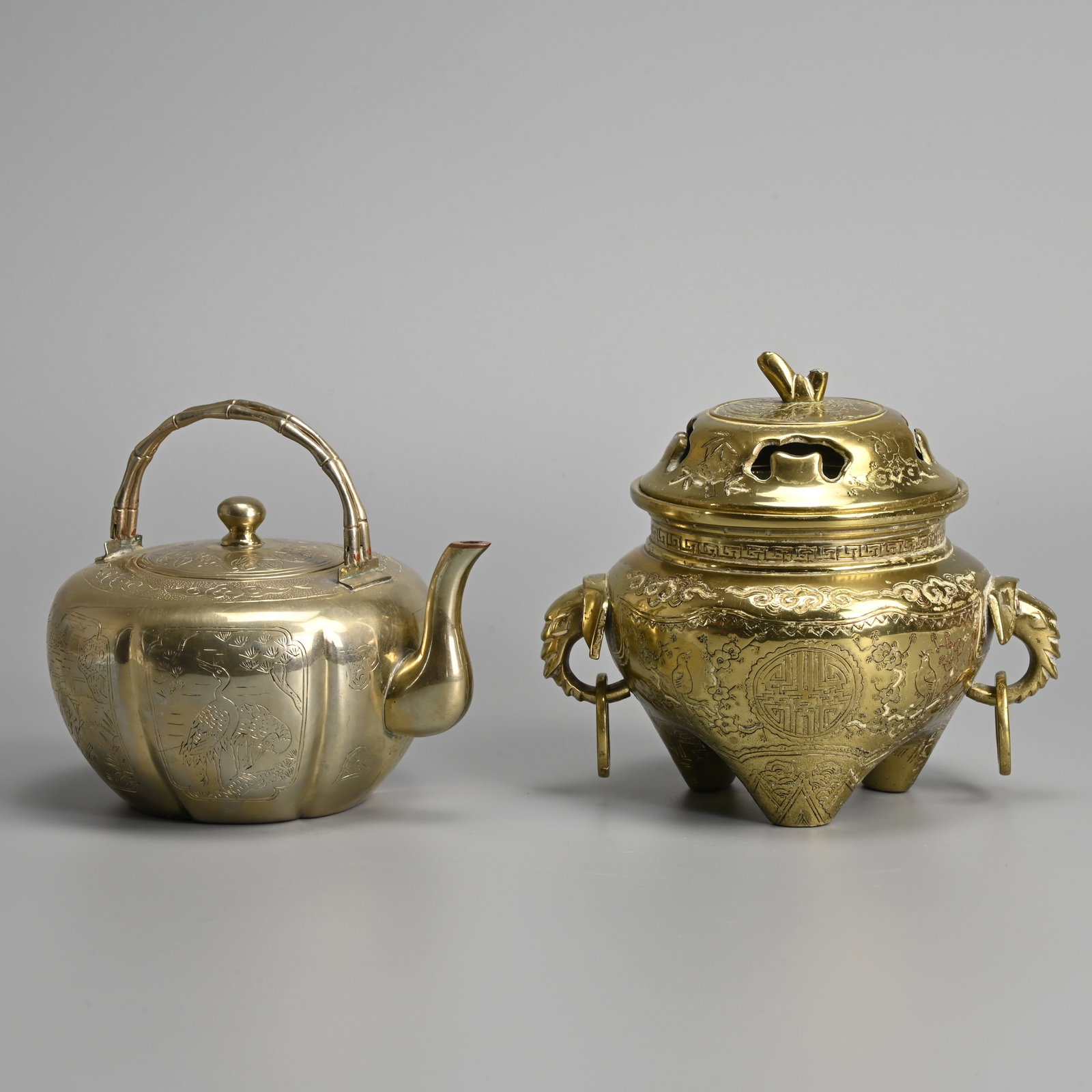 A CHINESE POLISHED BRASS TRIPOD CENSER AND COVER WITH PAKTONG COPPER ALLOY TEAPOT, EARLY 20TH (1 of 8)