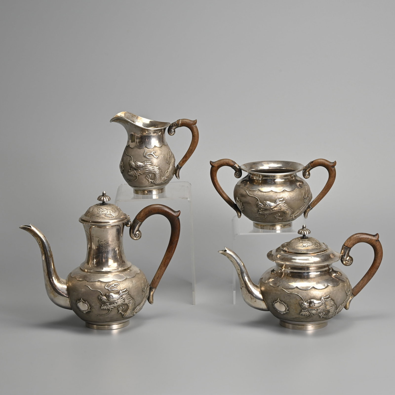 CHINA TIANJIN EXPORT SILVER FOUR PART TEA SERVICE, CIRCA 1910. (1 of 18)