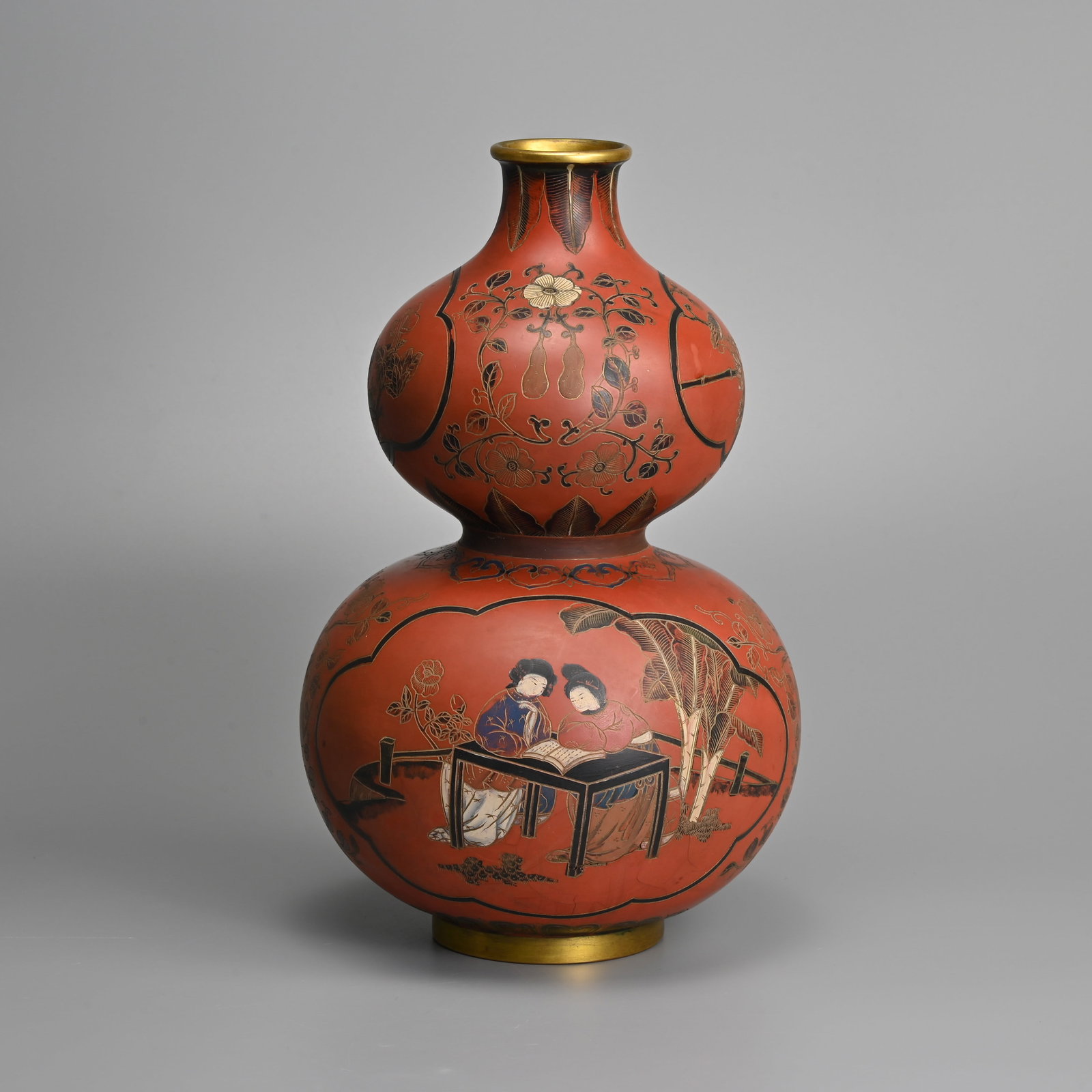 A CHINESE RED LACQUER PAINTED DOUBLE GOURD VASE, QIANLONG YUZHI SEAL MARK. (1 of 8)