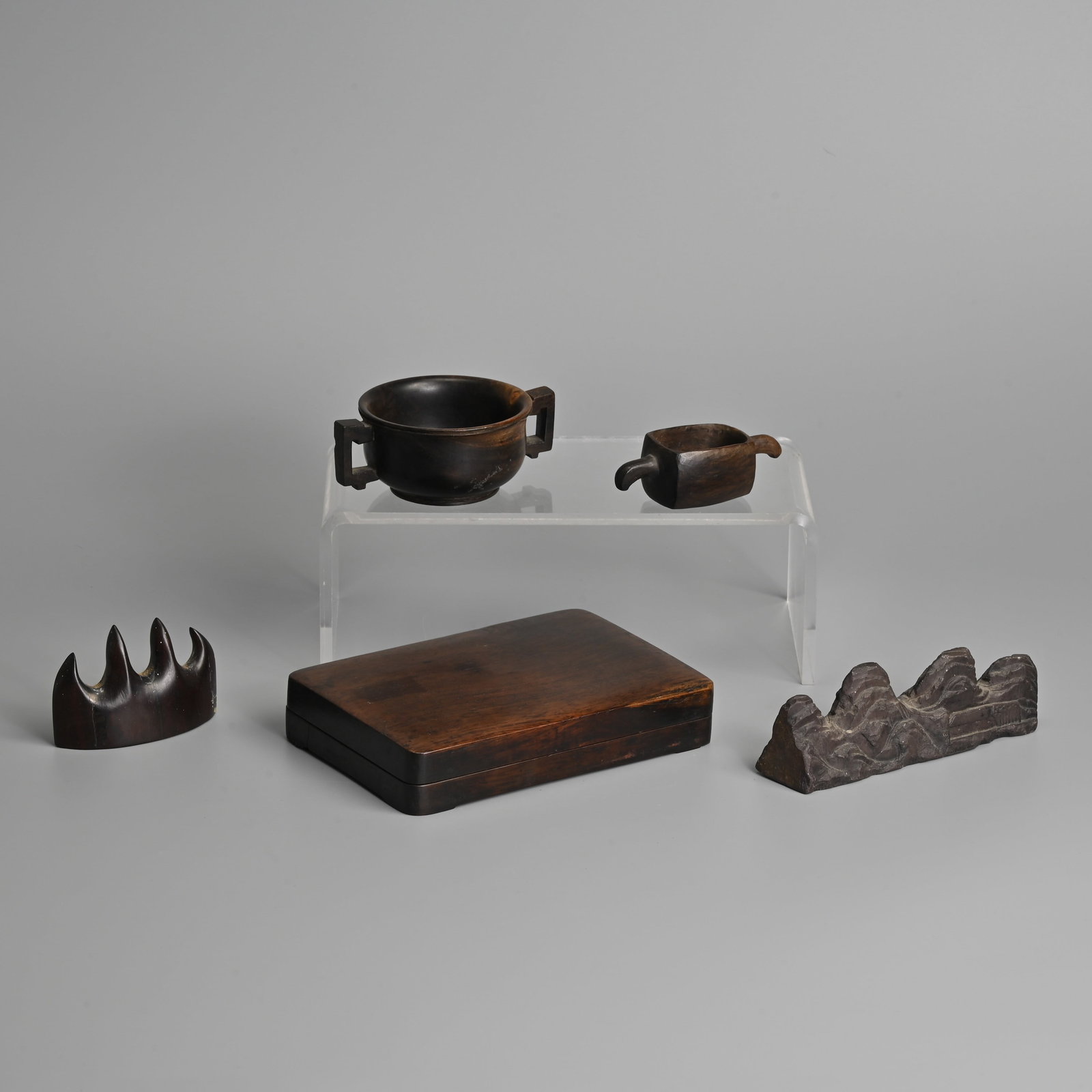A GROUP OF CHINESE CARVED HARDWOOD AND STONE SCHOLAR ITEMS, QING DYNASTY. (1 of 17)