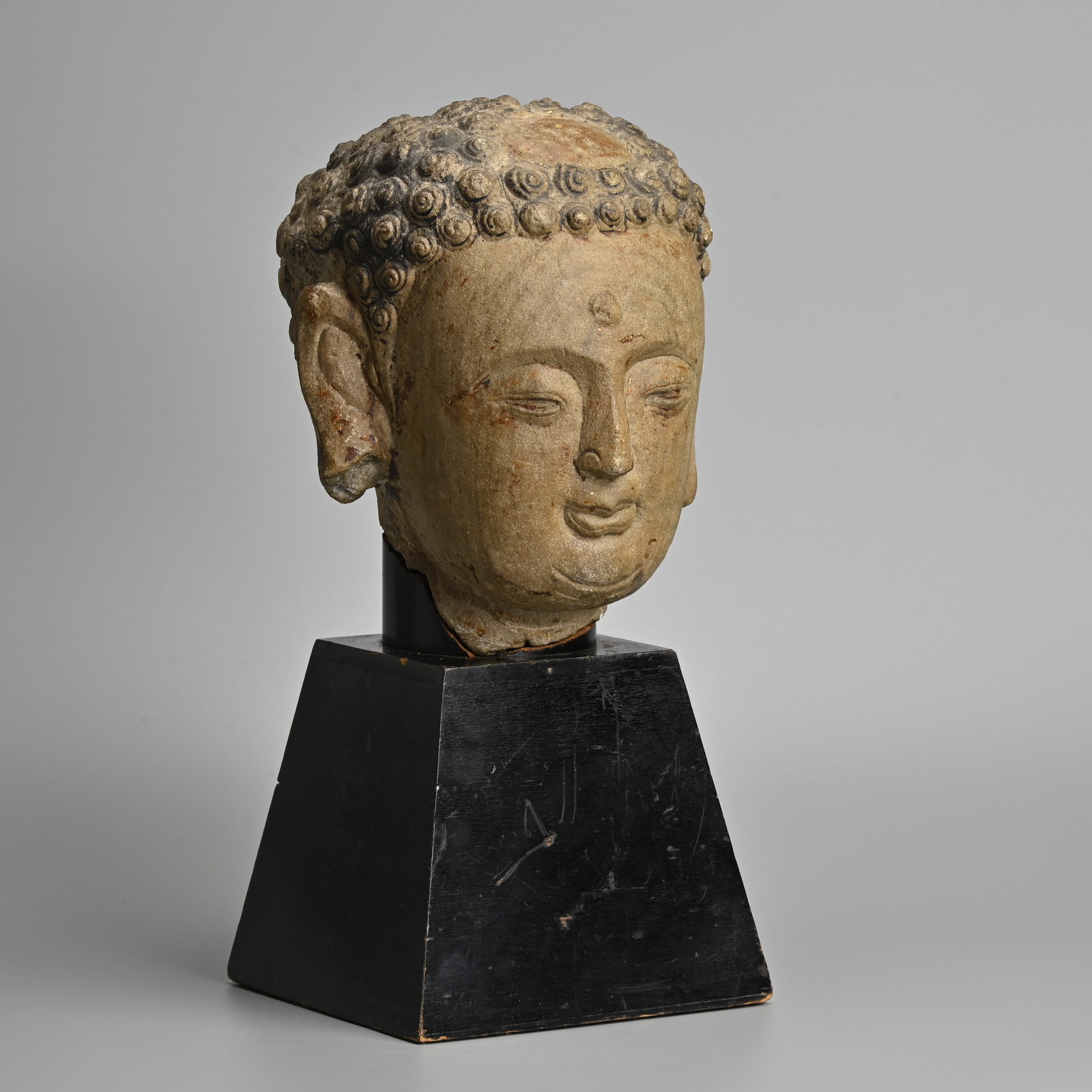 A CHINESE CARVED GREY STONE HEAD OF BUDDHA, 13/14TH CENTURY, YUAN DYNASTY.: A CHINESE CARVED GREY STONE HEAD OF BUDDHA, 13/14TH CENTURY, YUAN DYNASTY. With downcast eyes and serene expression with his hair in tight curls. Small traces of gilt visible around the face and ears 