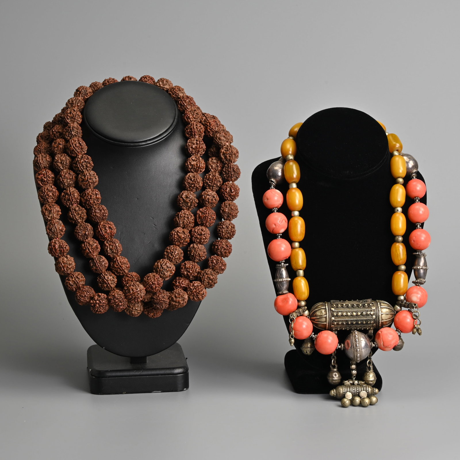 A RUDRAKSHA BEADED MALA PRAYER NECKLACE, TOGETHER WITH NORTH AFRICAN AND MIDDLE EASTERN NECKLACES. (1 of 8)