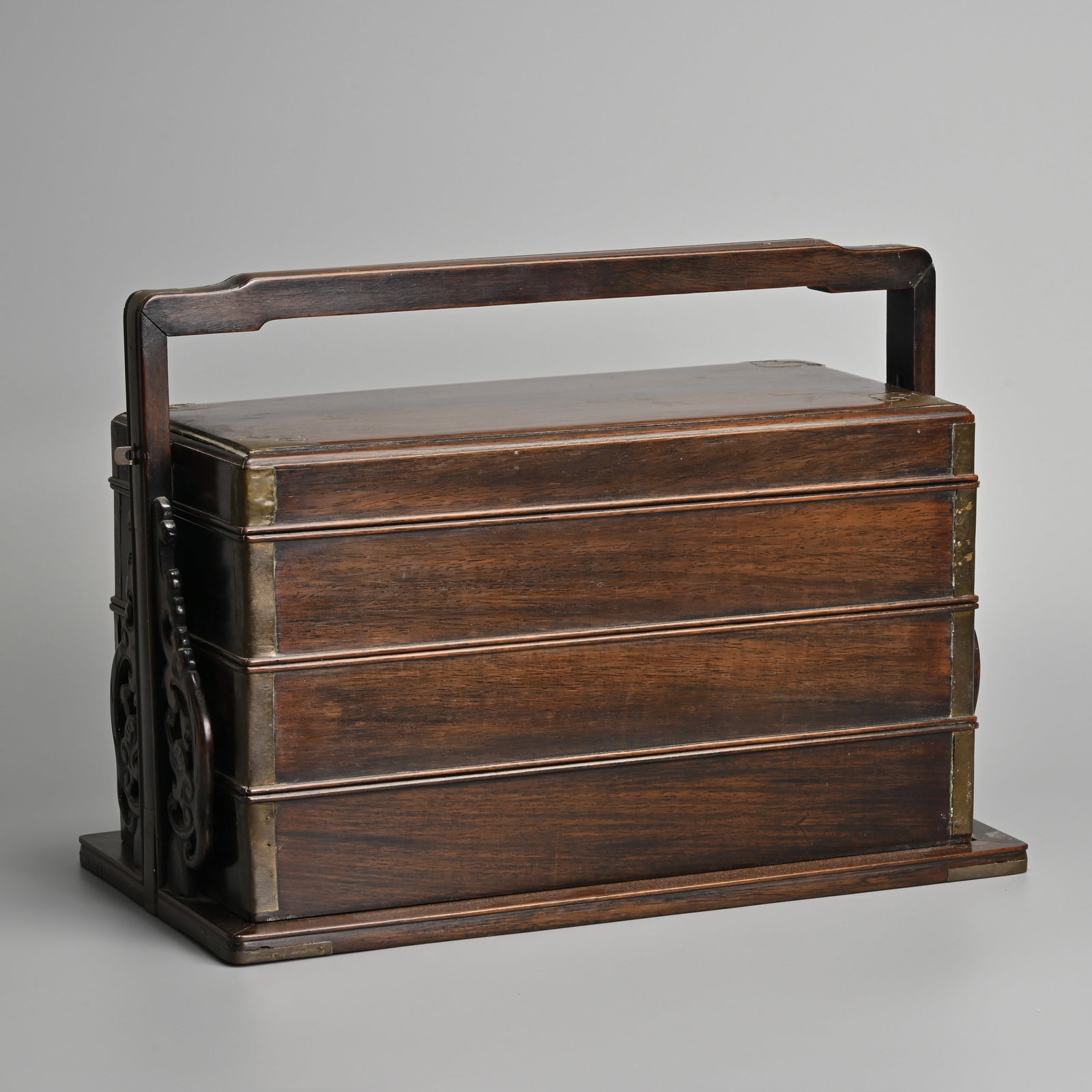A CHINESE HARDWOOD THREE TIERED PICNIC BOX, TIHE, COMPLETE WITH TRAY, COVER AND CARRYING FRAME, 19TH (1 of 7)